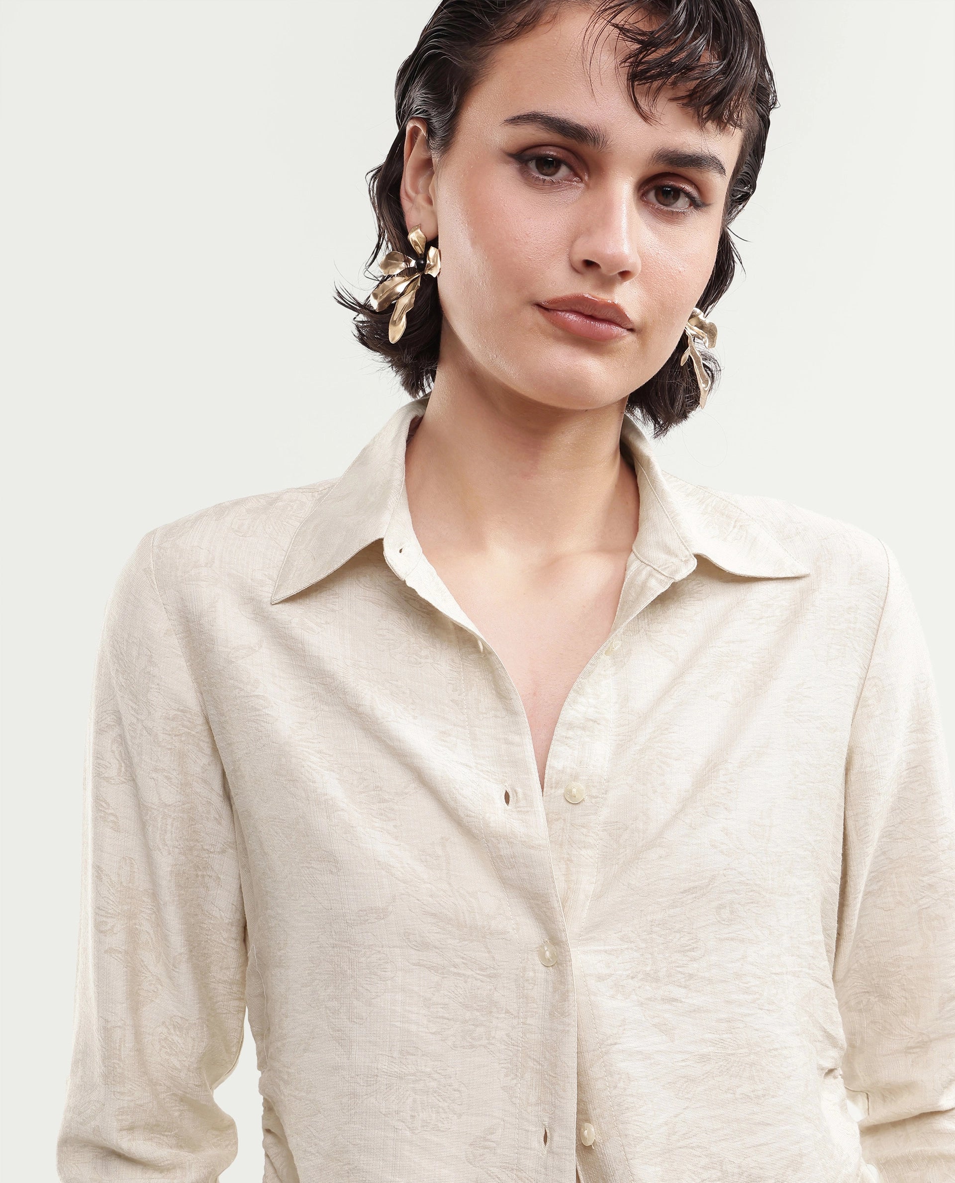 Rareism Women's Ivish-T Primary Beige Viscose Blend Spread Collar Button Regular Jacquard Shirt