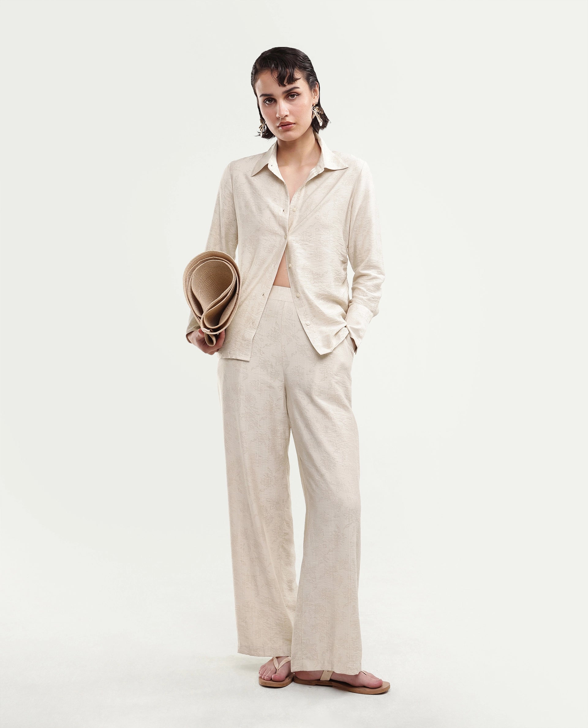 Rareism Women's Ivish-T Primary Beige Viscose Blend Spread Collar Button Regular Jacquard Shirt