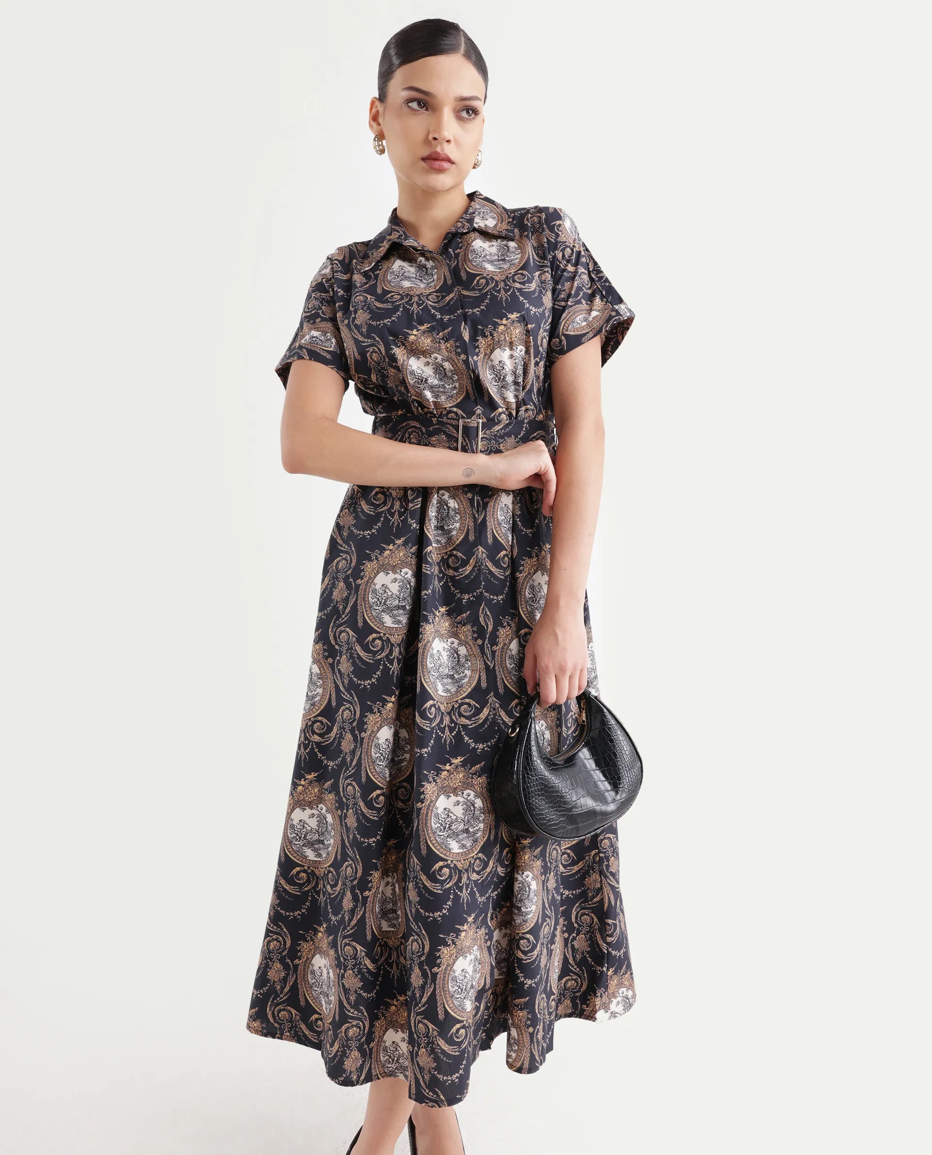 Rareism Women's Ivnat Black Cotton Drop Collar Ornamental Print Maxi Fit And Flare Dress