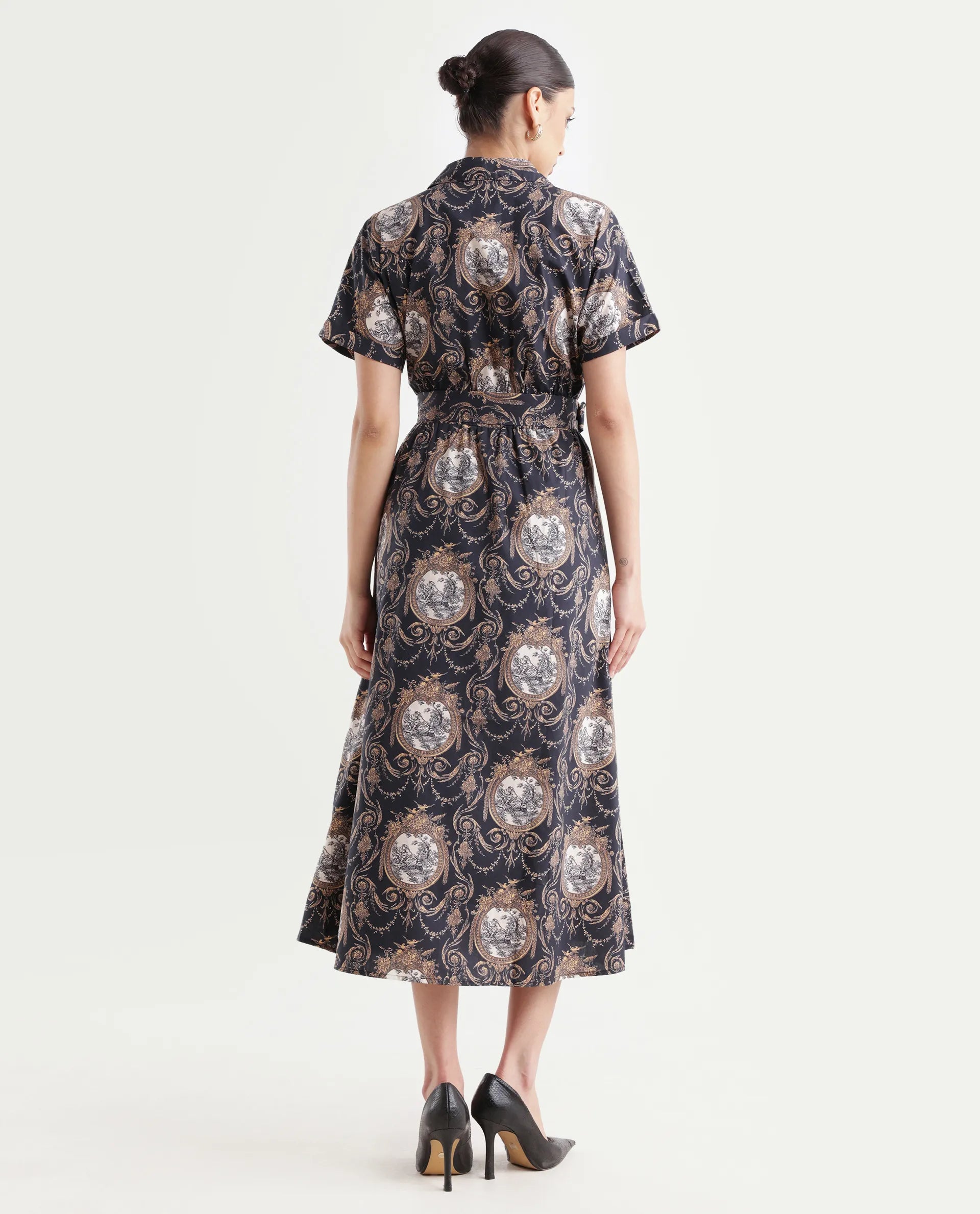 Rareism Women's Ivnat Black Cotton Drop Collar Ornamental Print Maxi Fit And Flare Dress