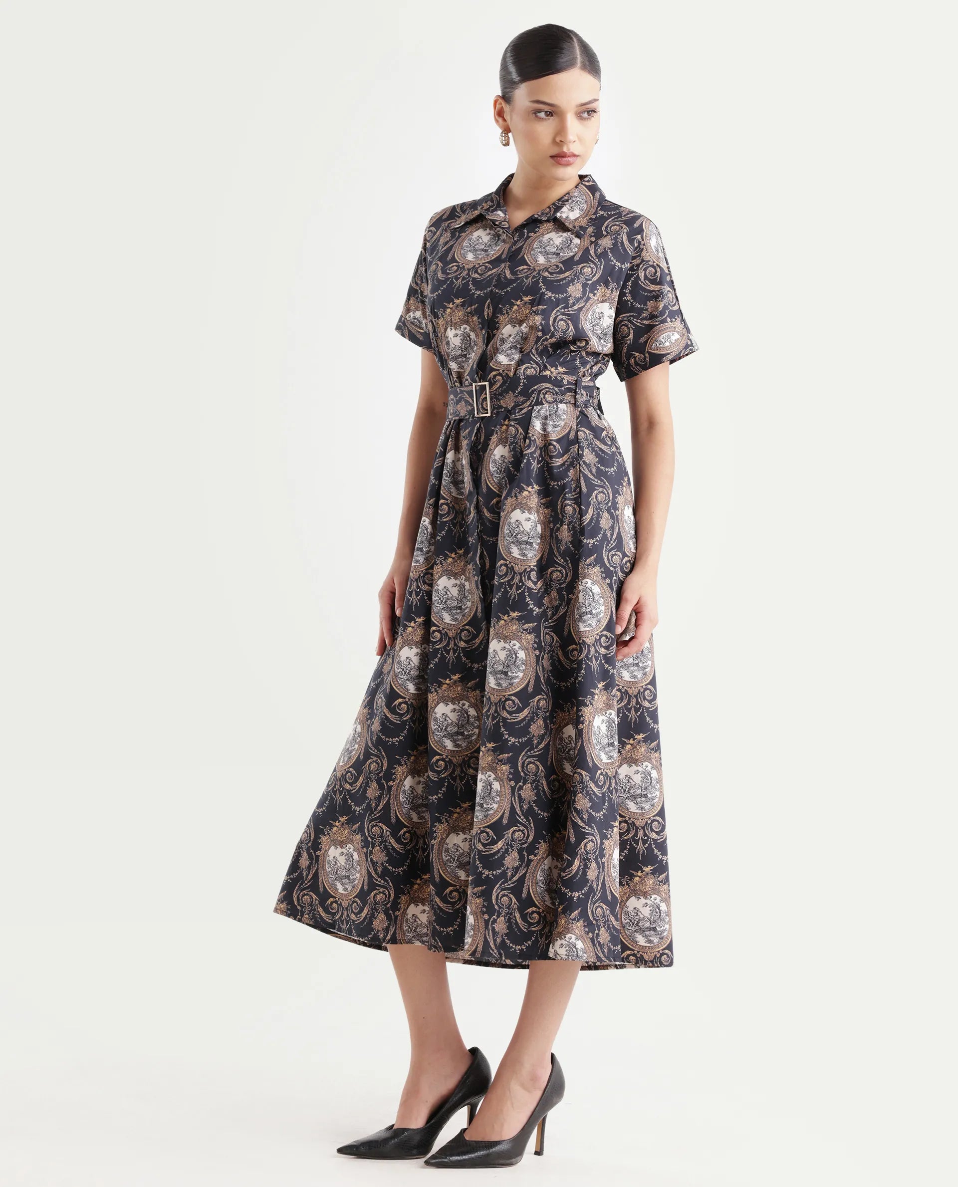 Rareism Women's Ivnat Black Cotton Drop Collar Ornamental Print Maxi Fit And Flare Dress