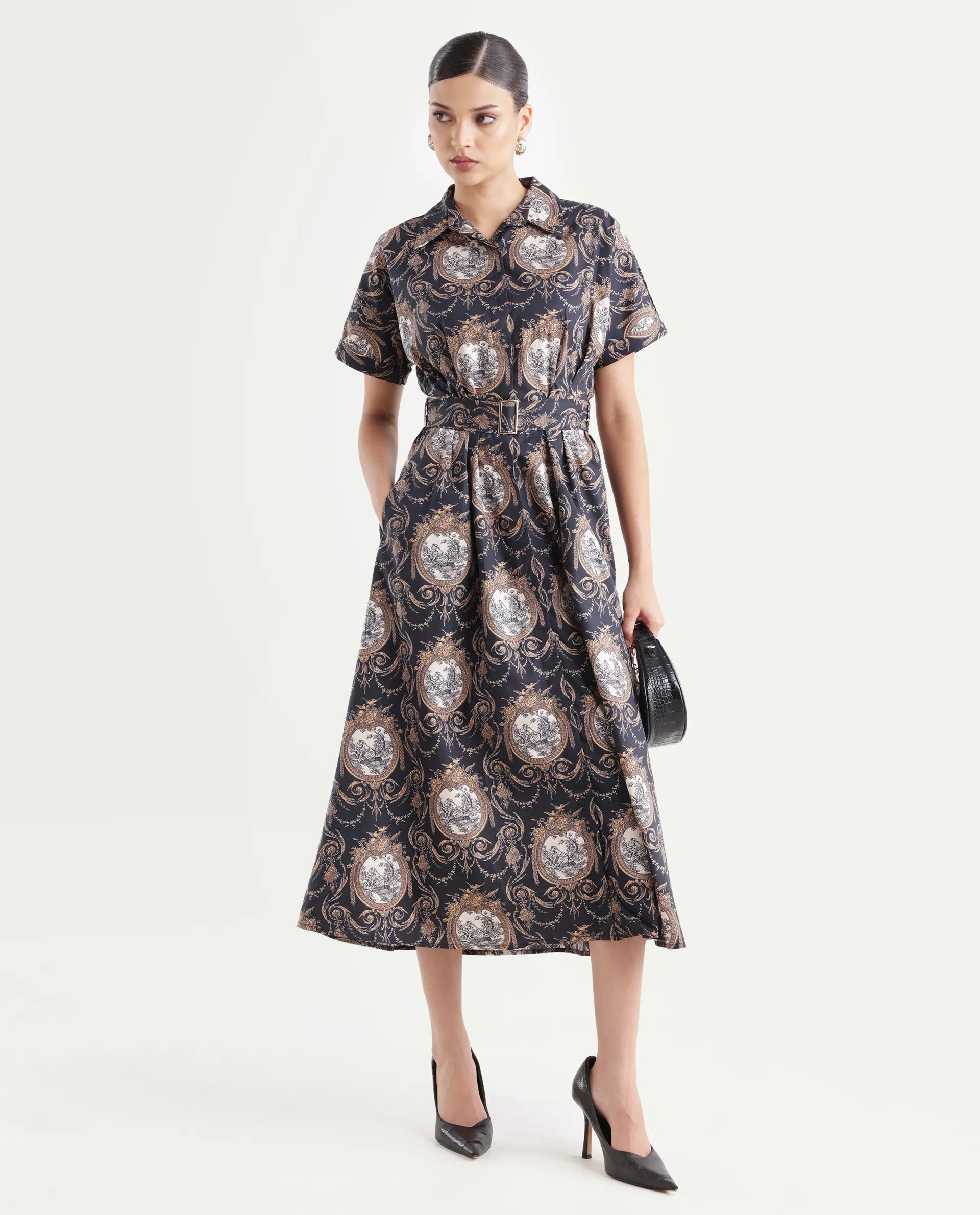 Rareism Women's Ivnat Black Cotton Drop Collar Ornamental Print Maxi Fit And Flare Dress