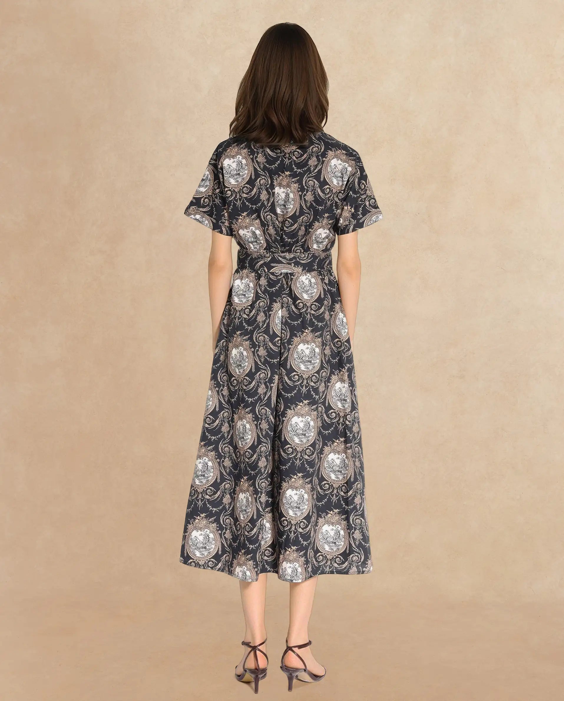 Rareism Women's Ivnat Black Cotton Drop Collar Ornamental Print Maxi Fit And Flare Dress