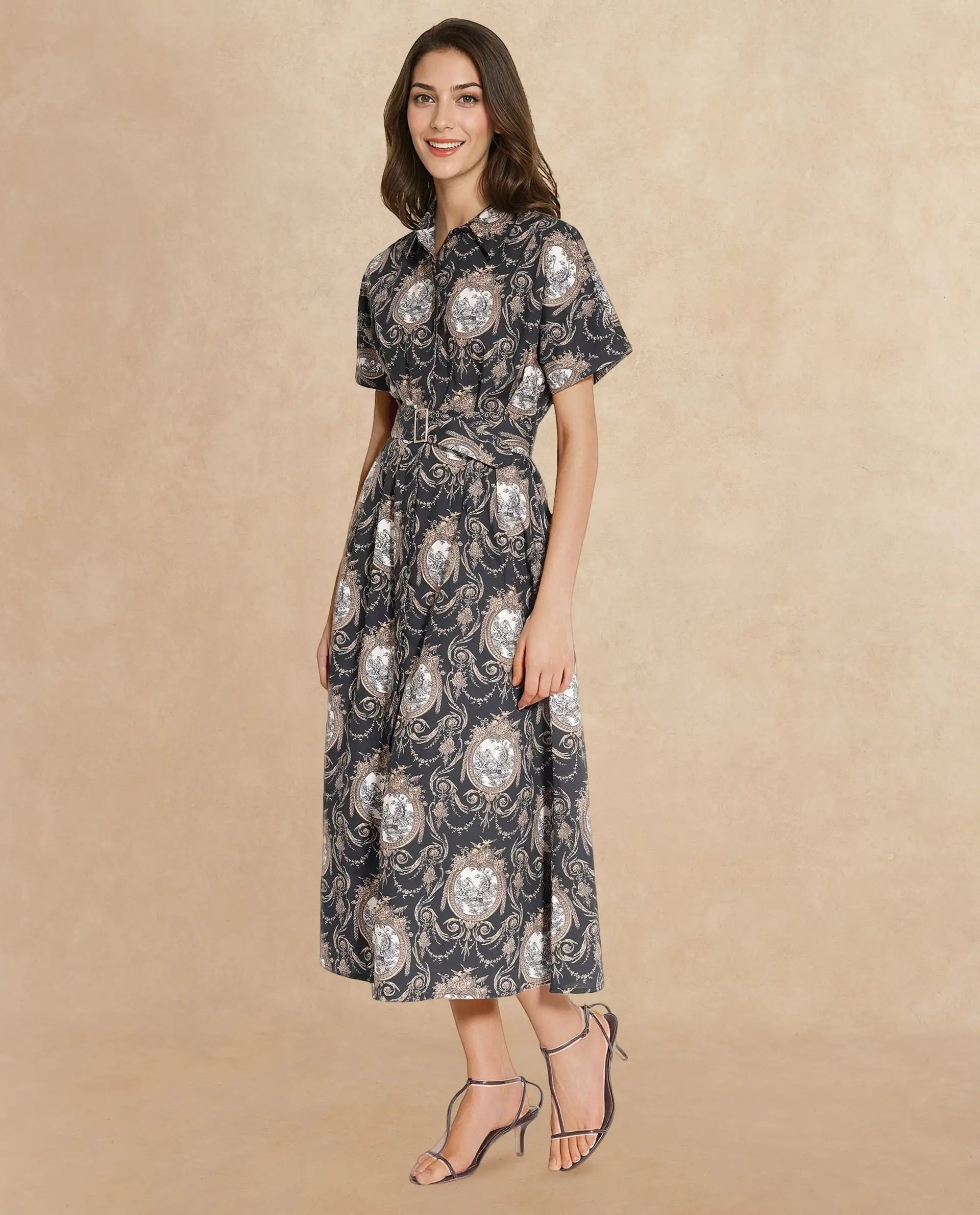 Rareism Women's Ivnat Black Cotton Drop Collar Ornamental Print Maxi Fit And Flare Dress