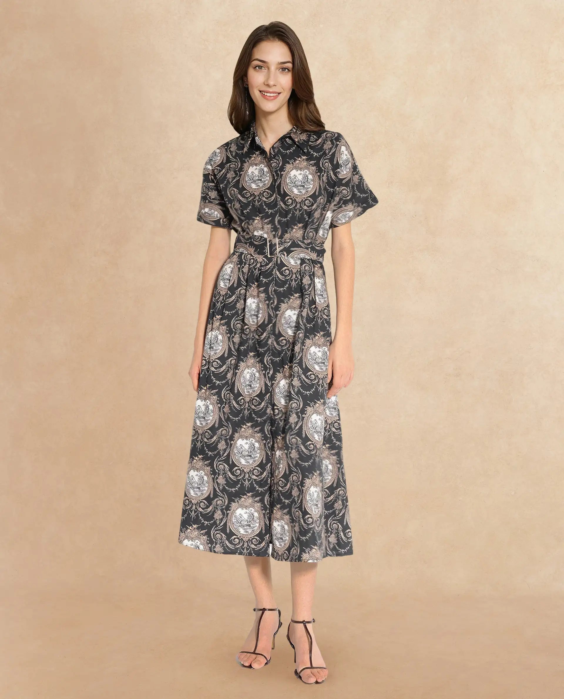 Rareism Women's Ivnat Black Cotton Drop Collar Ornamental Print Maxi Fit And Flare Dress