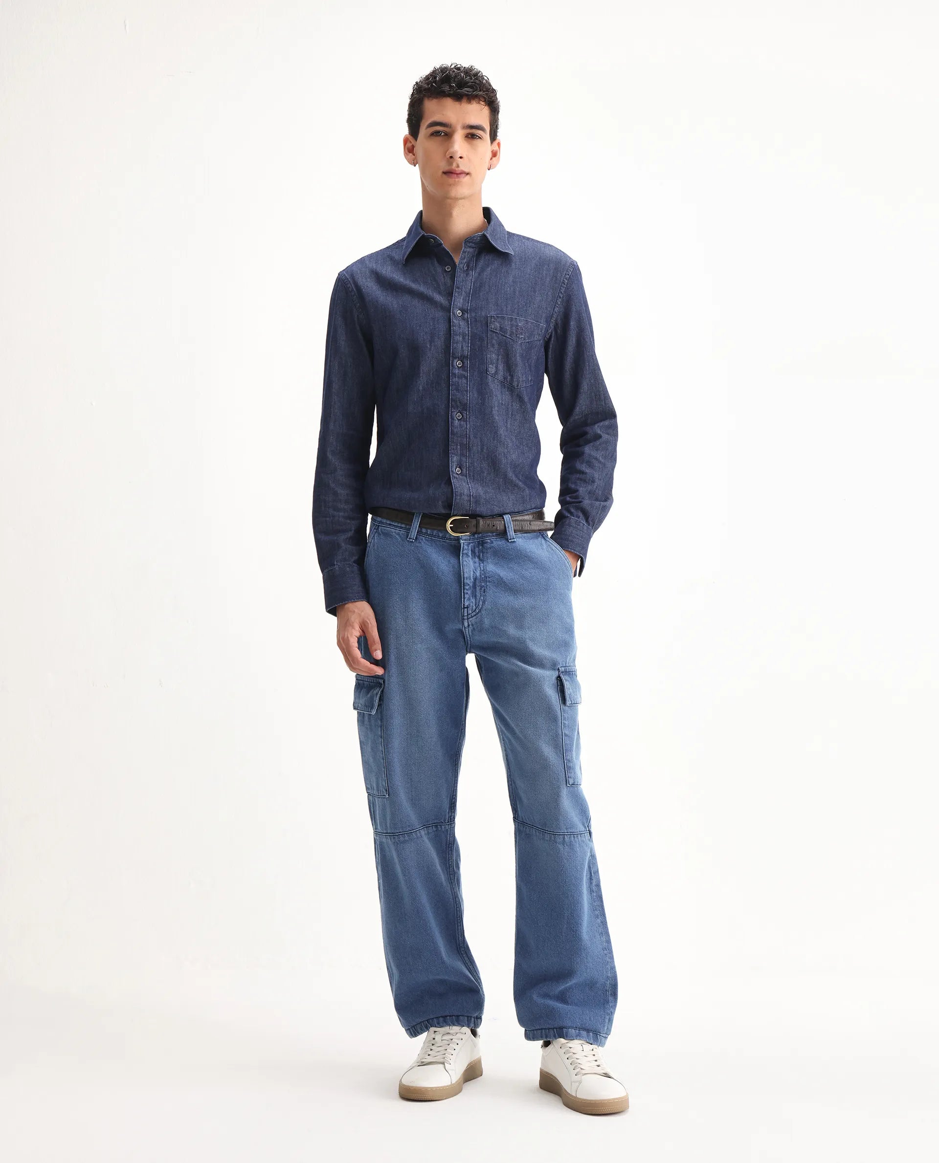 Rare Rabbit Men's Ivo Blue Cotton Fabric Mid Wash Mid Rise Cargo Style