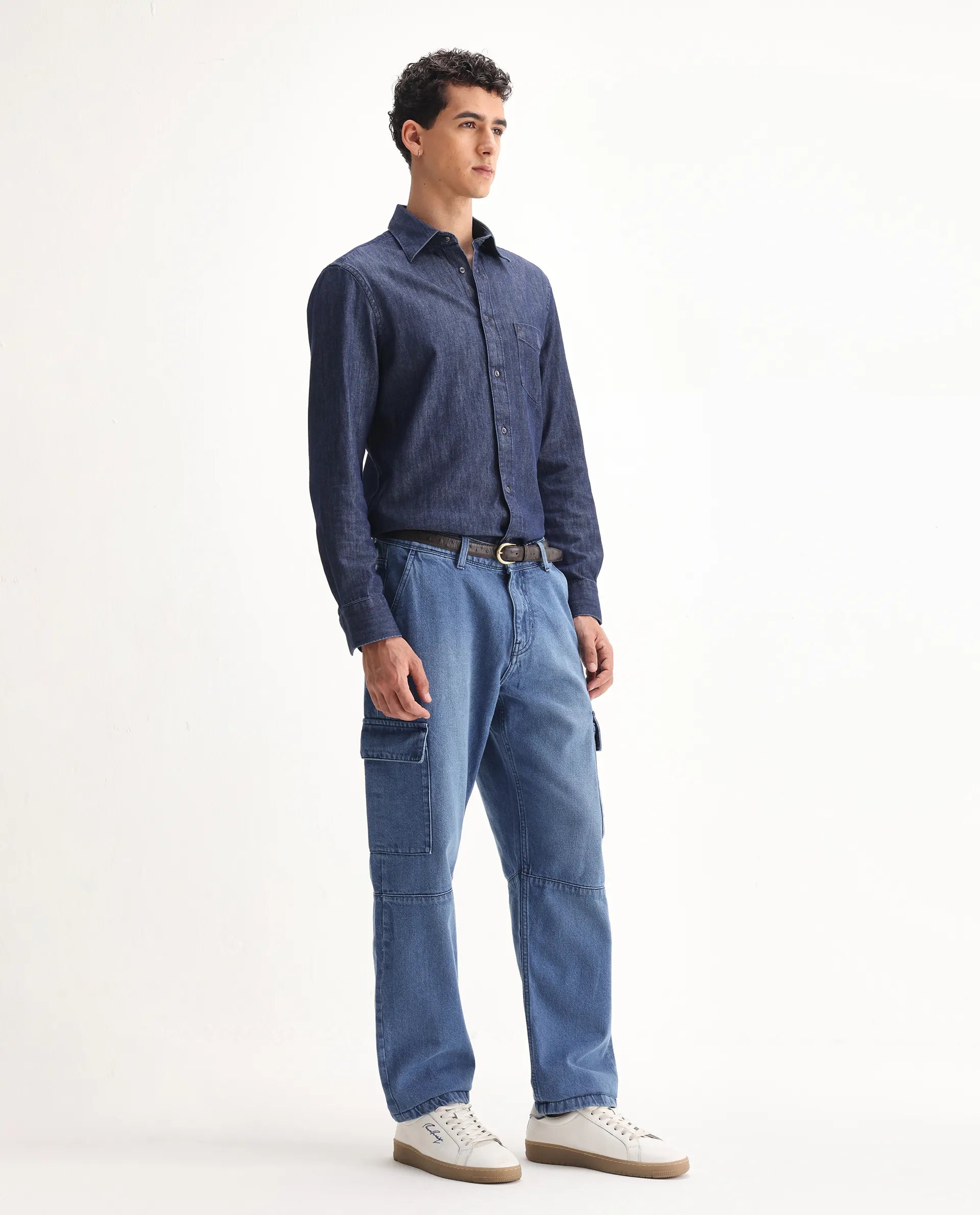Rare Rabbit Men's Ivo Blue Cotton Plain Baggy Fit Jeans