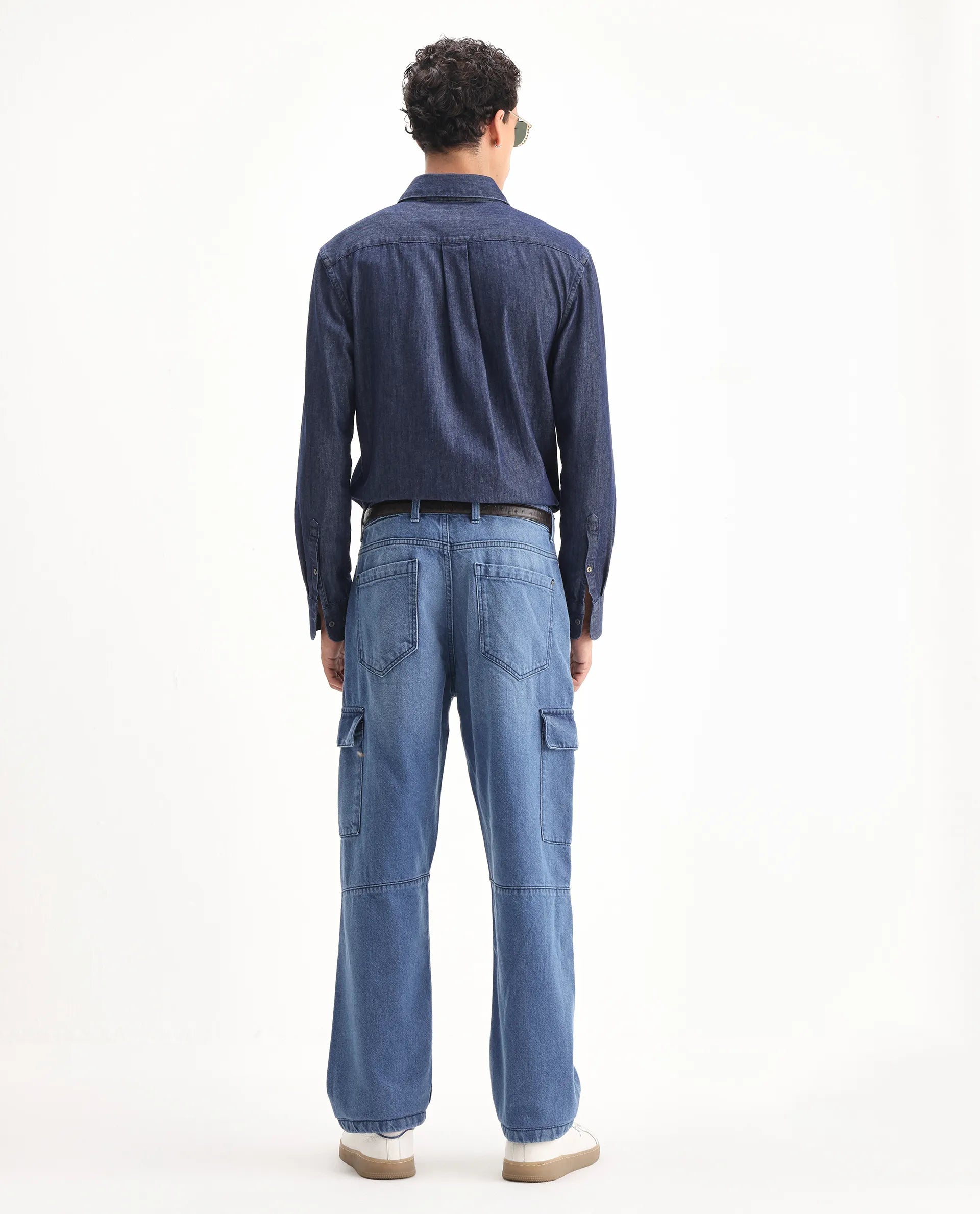 Rare Rabbit Men's Ivo Blue Cotton Plain Baggy Fit Jeans