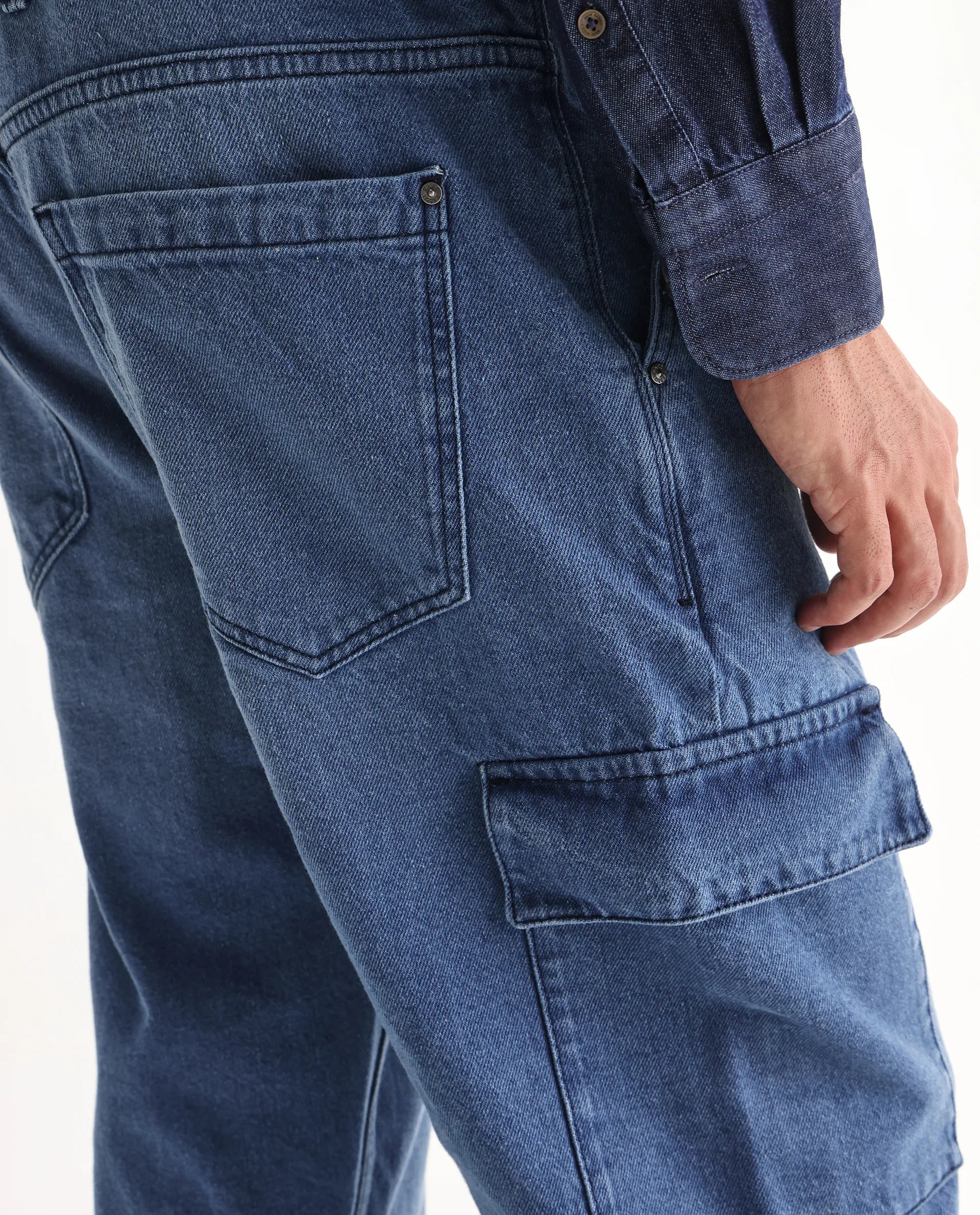 Rare Rabbit Men's Ivo Blue Cotton Fabric Mid Wash Mid Rise Cargo Style