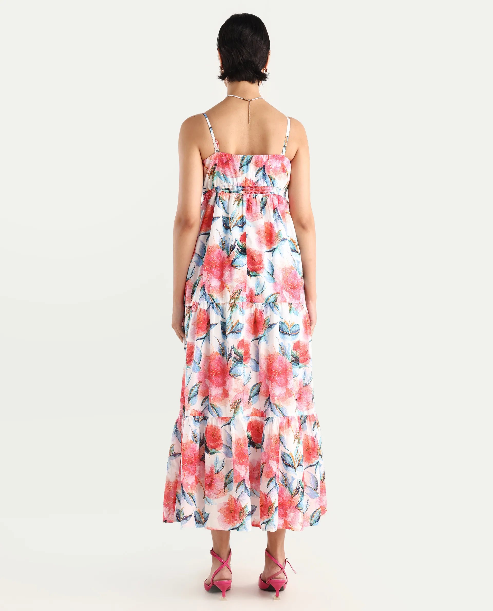 Rareism Women's Izabelle Multi Cotton Shoulder Strap Floral Print Shoulder Strap Maxi Fit And Flare Dress