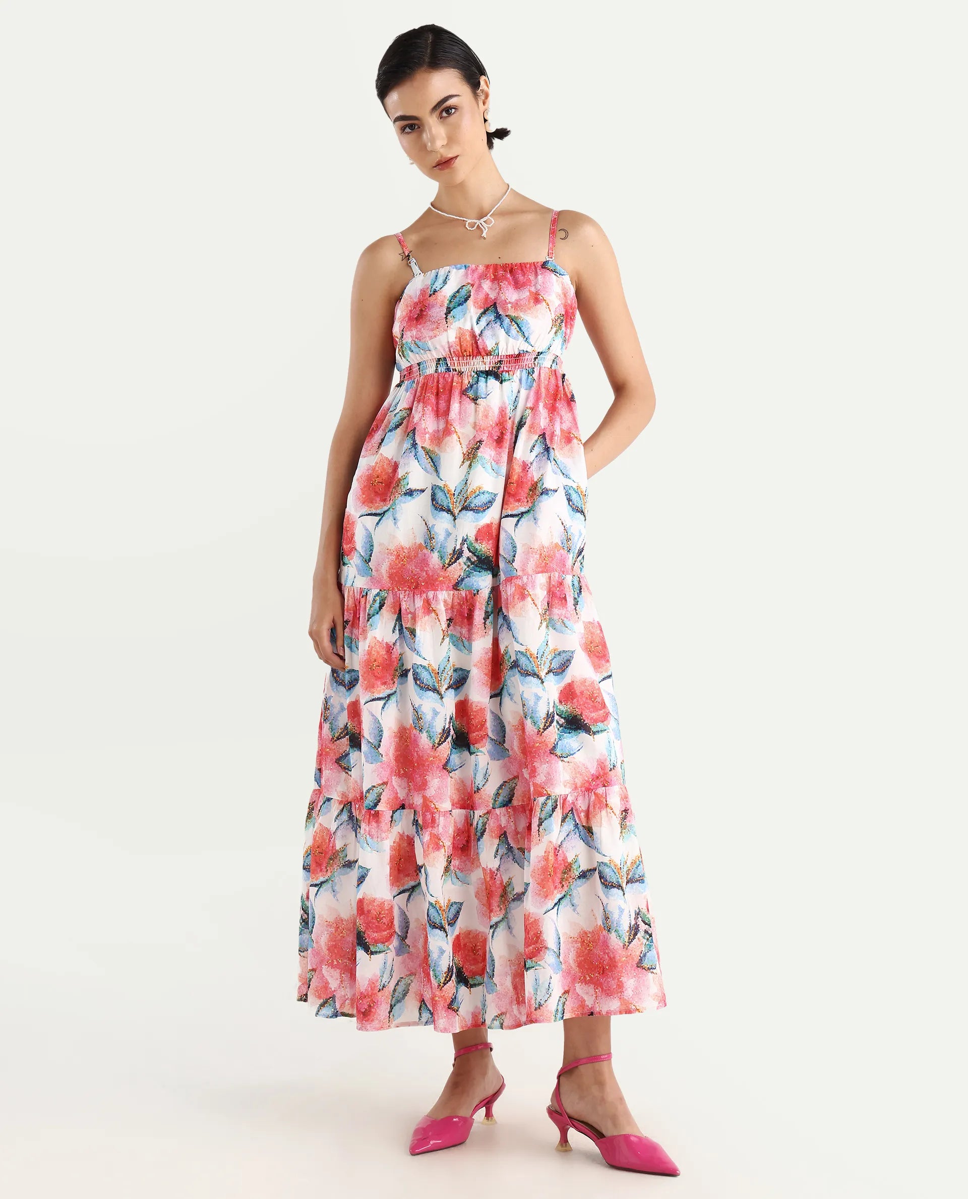 Rareism Women's Izabelle Multi Cotton Shoulder Strap Floral Print Shoulder Strap Maxi Fit And Flare Dress