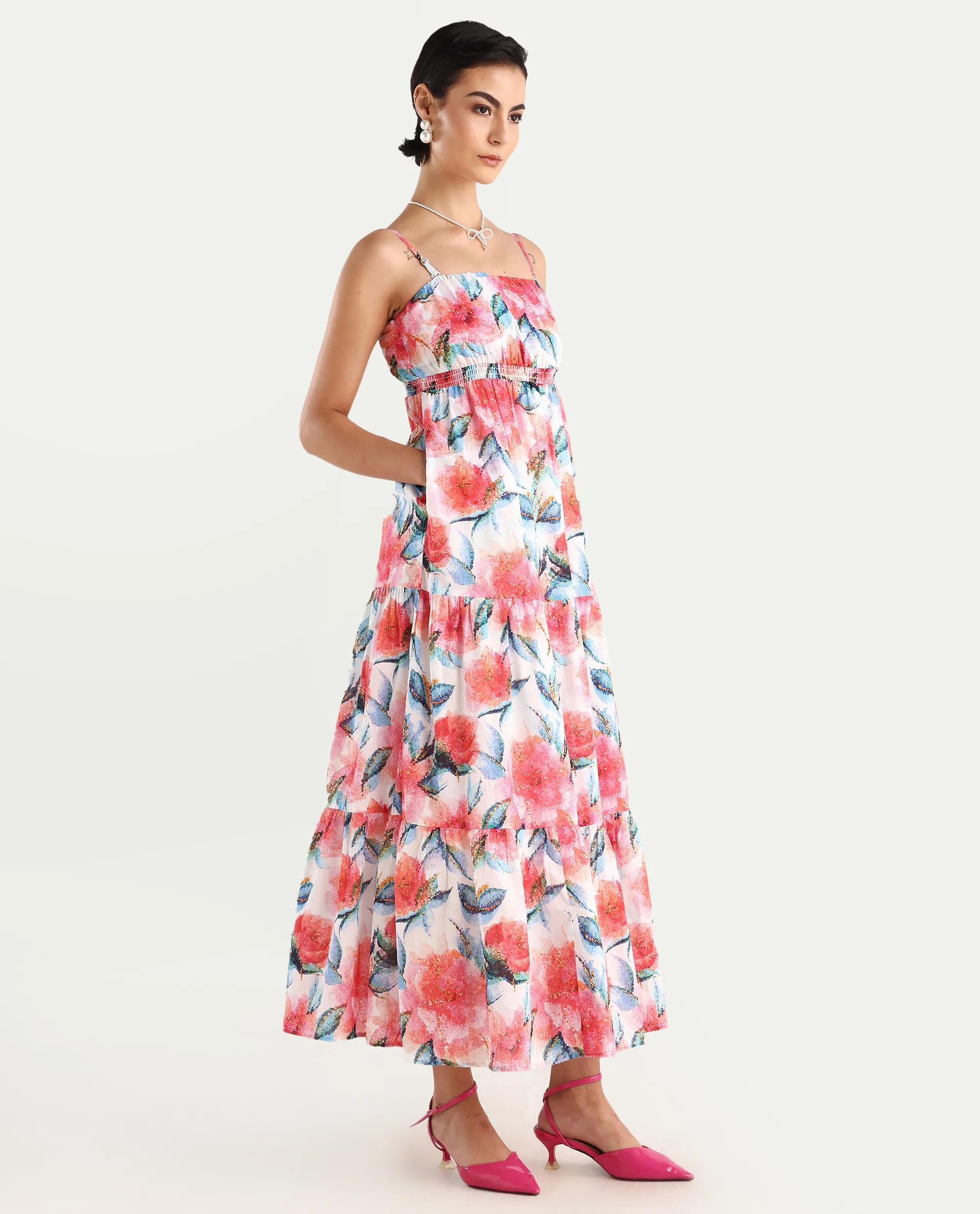 Rareism Women's Izabelle Multi Cotton Shoulder Strap Floral Print Shoulder Strap Maxi Fit And Flare Dress