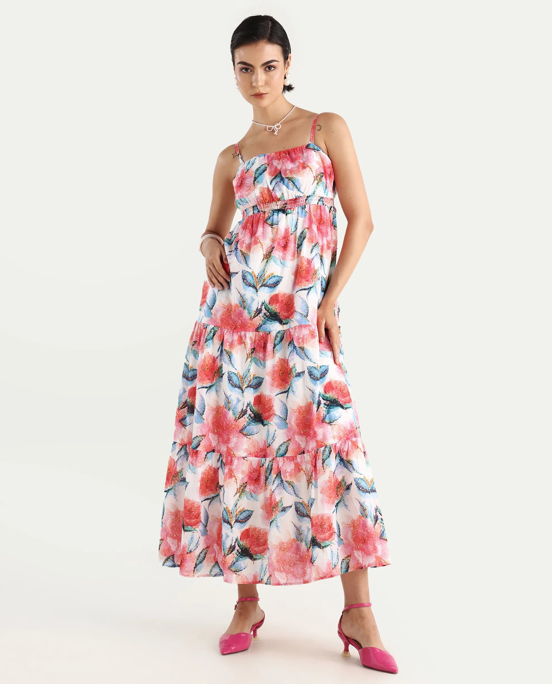 Rareism Women's Izabelle Multi Cotton Shoulder Strap Floral Print Shoulder Strap Maxi Fit And Flare Dress