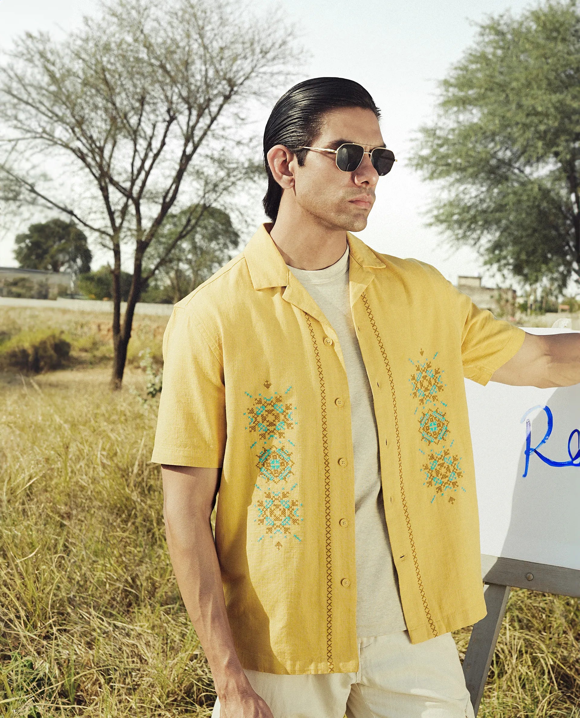 Rare Rabbit Men's Alxum Mustard Cotton Embroidered Boxy Fit Half Sleeve Cuban Collar Shirt