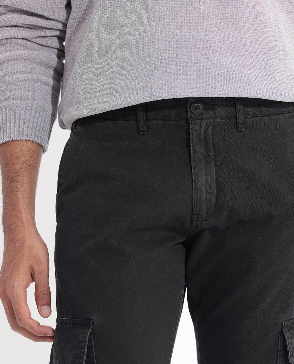 Rare Rabbit Men's Inbuil Black Mid-Rise Regular Fit Cargo Trousers