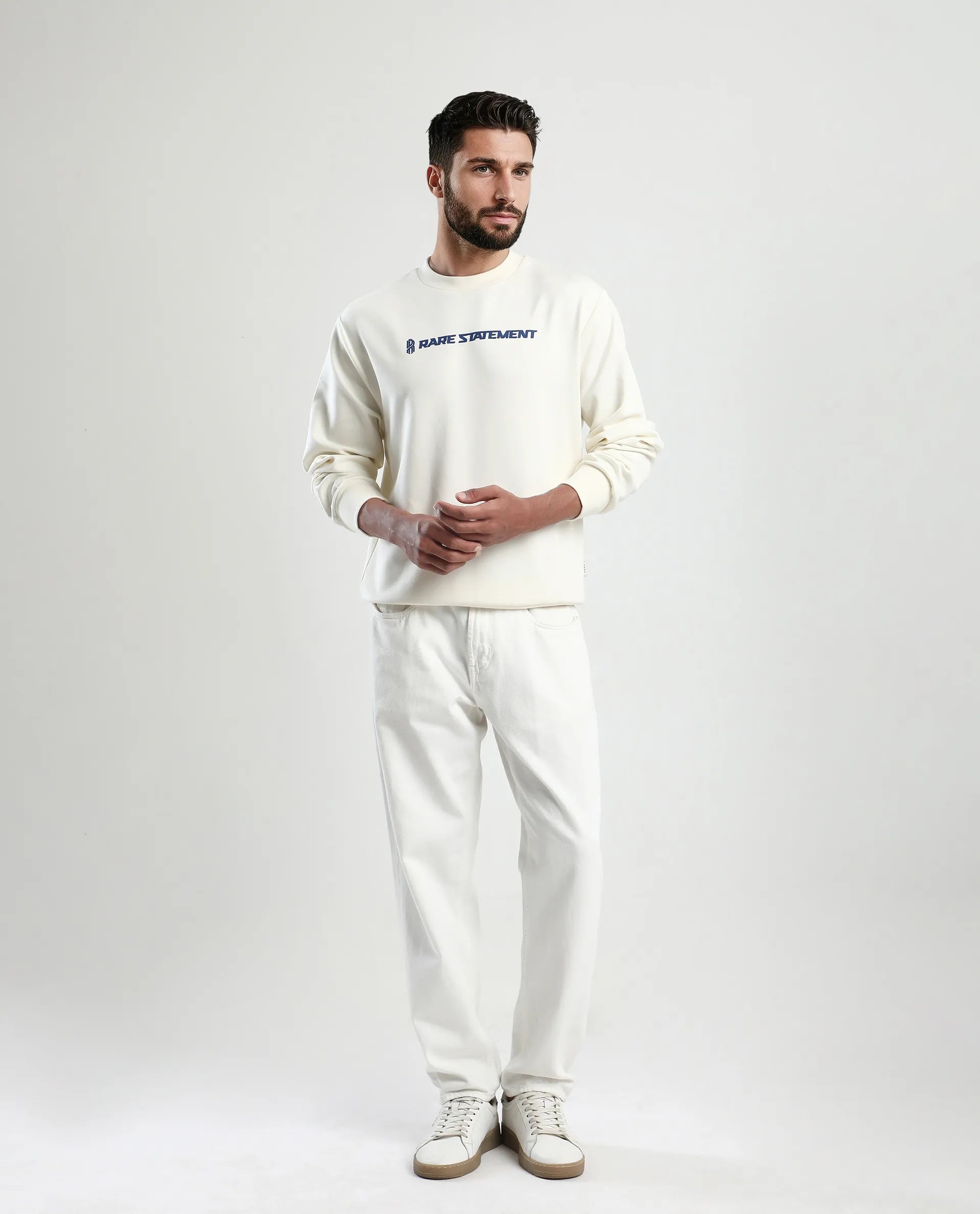 Rare Rabbit Men's Jabe-T Off White Modal Blend Graphic Print Regular Fit Full Sleeve Crew Neck Sweatshirt