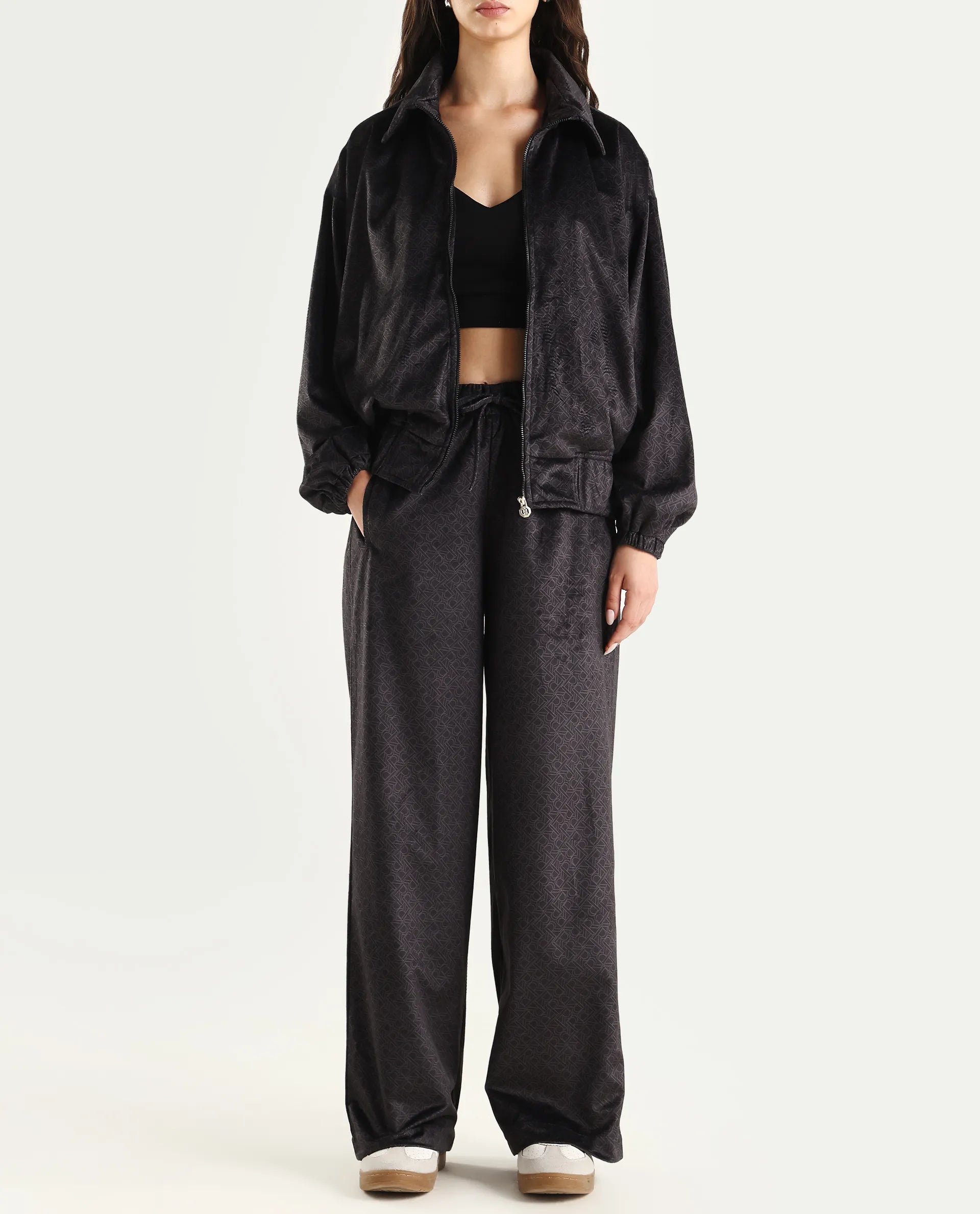 Rareism Women's Jacamo-B Black Polyester Straight Monogram Print Trouser