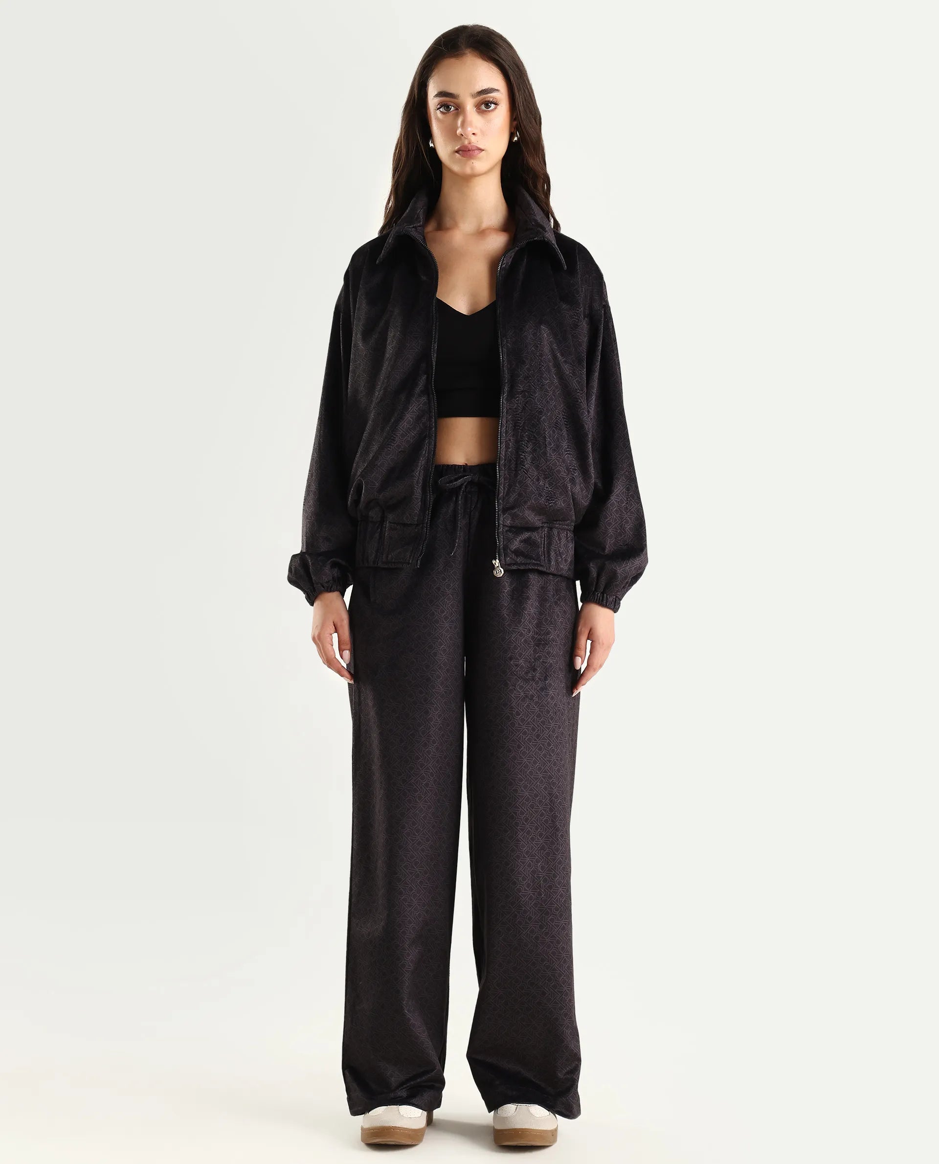 Rareism Women's Jacamo-B Black Polyester Straight Monogram Print Trouser