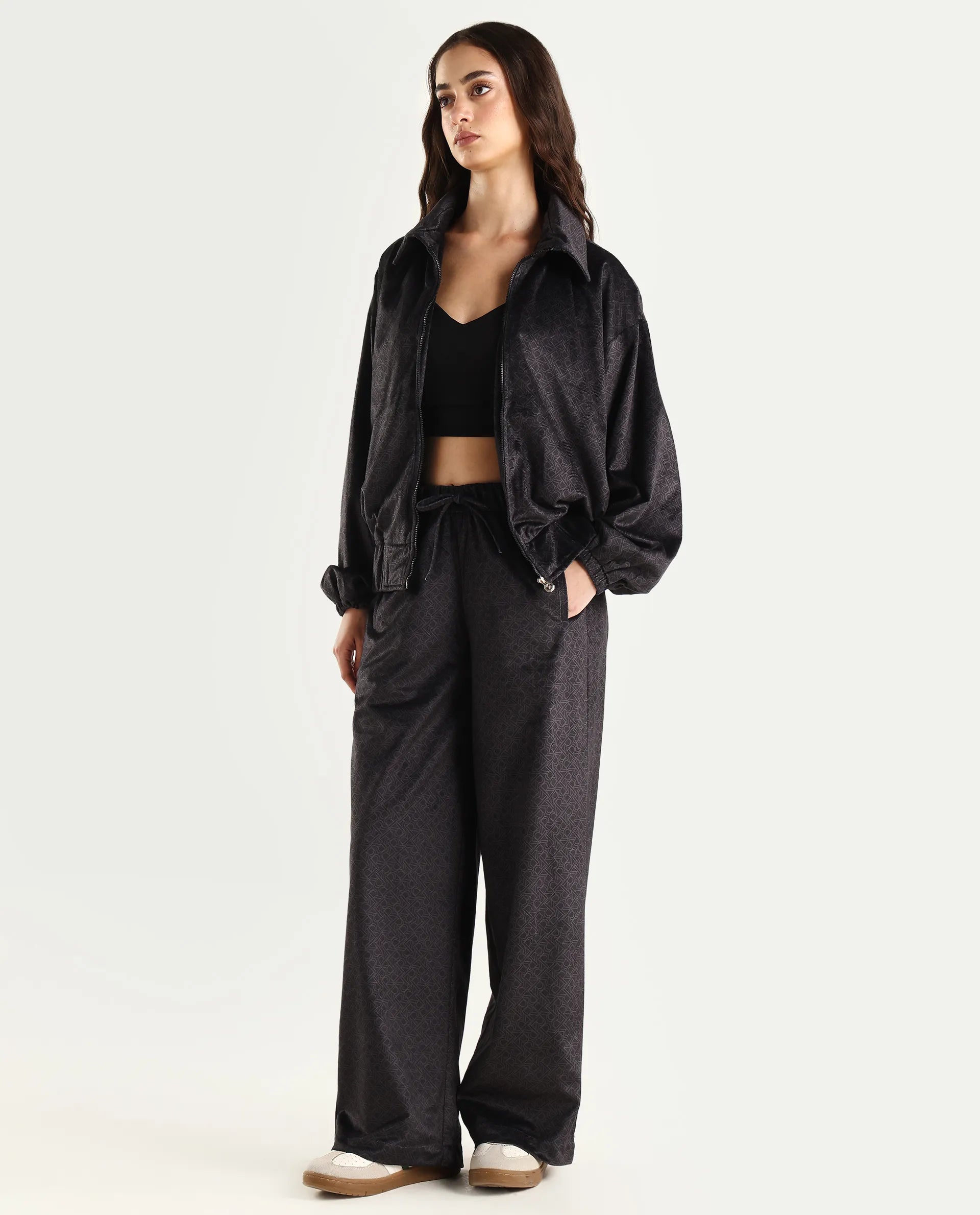 Rareism Women's Jacamo-B Black Polyester Straight Monogram Print Trouser