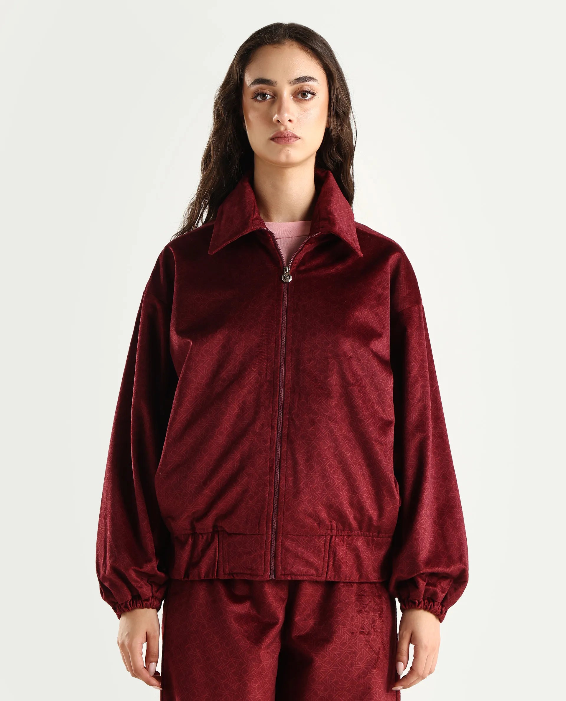 Rareism Women's Jacamo-T Maroon Polyester Spread Collar Relaxed Monogram Print Jacket