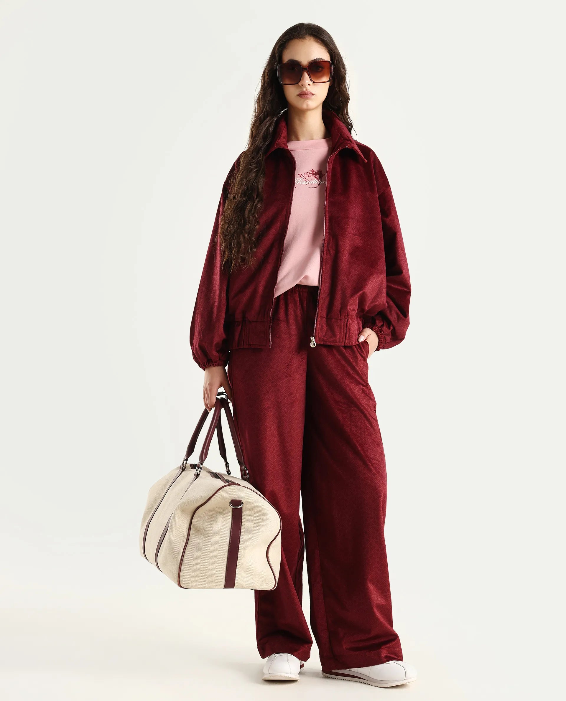 Rareism Women's Jacamo-T Maroon Polyester Spread Collar Relaxed Monogram Print Jacket