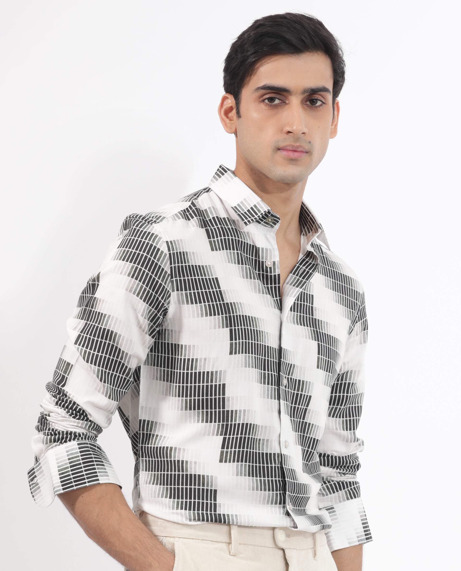 Rare Rabbit Mens Jace Black Viscose Fabric  Full Sleeve Geometric Print Shirt