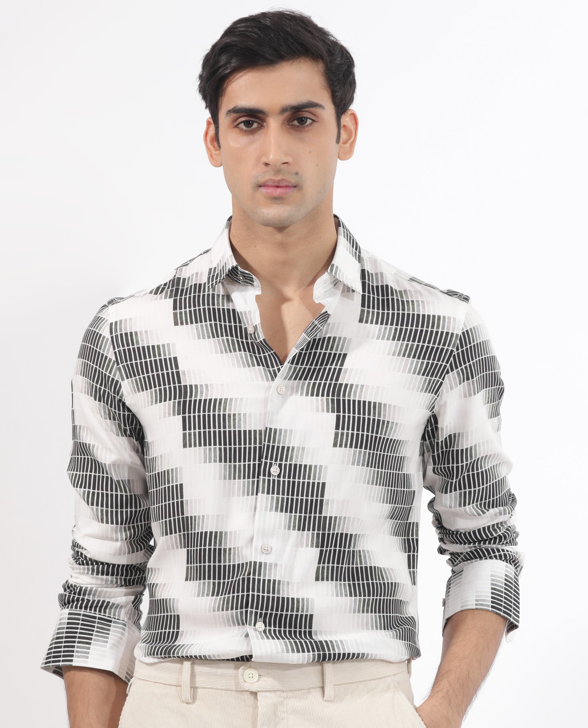 Rare Rabbit Mens Jace Black Viscose Fabric  Full Sleeve Geometric Print Shirt