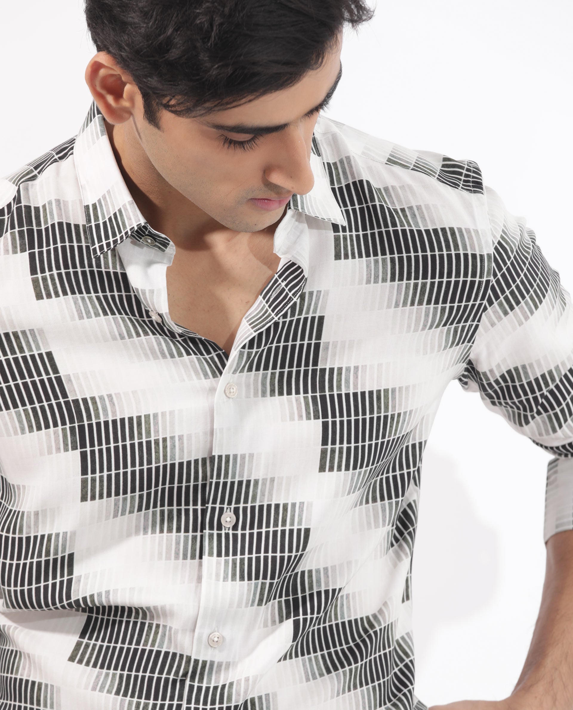 Rare Rabbit Mens Jace Black Viscose Fabric  Full Sleeve Geometric Print Shirt