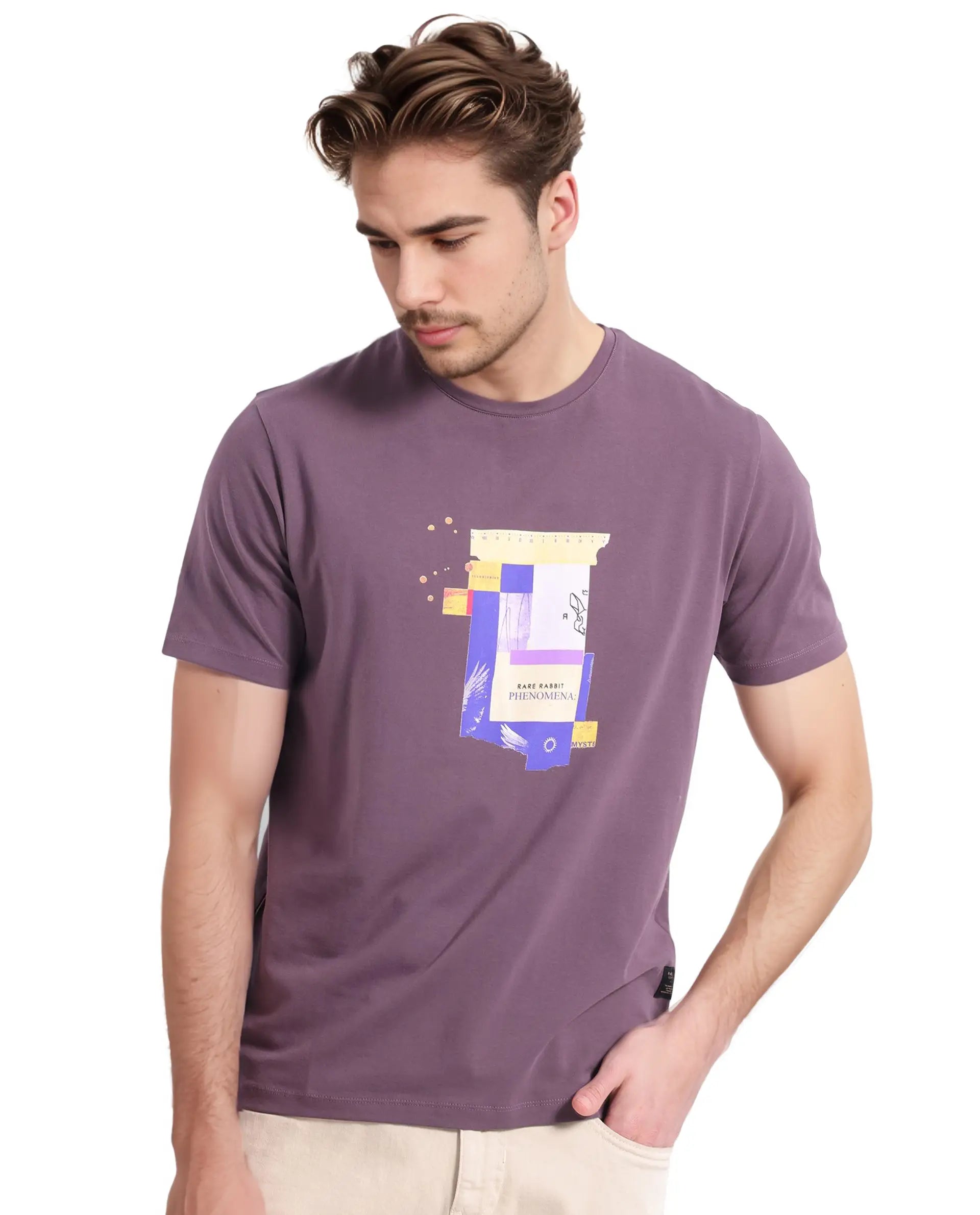 Rare Rabbit Men Jaceb Dusky Purple Short Sleeve Crew Neck Printed T-Shirt