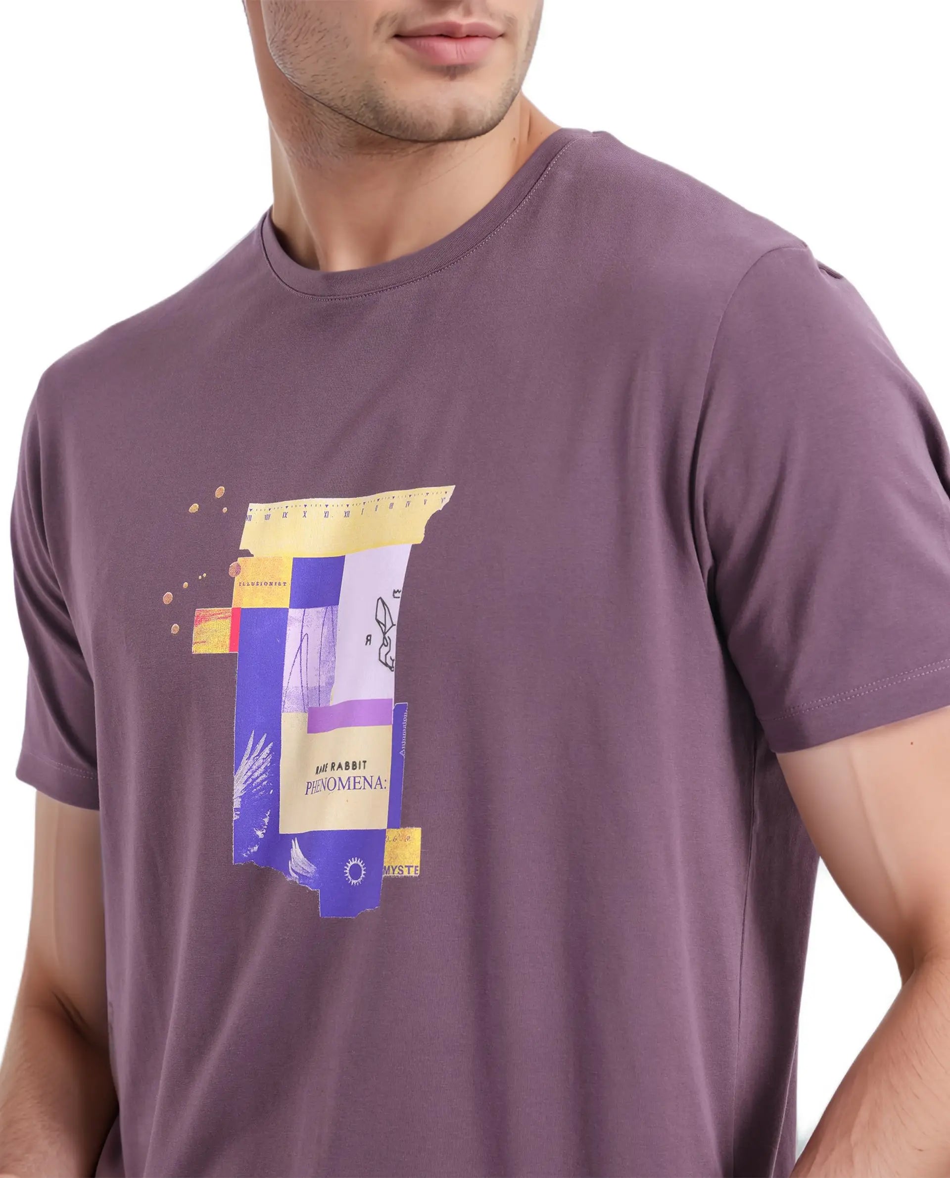 Rare Rabbit Men Jaceb Dusky Purple Short Sleeve Crew Neck Printed T-Shirt