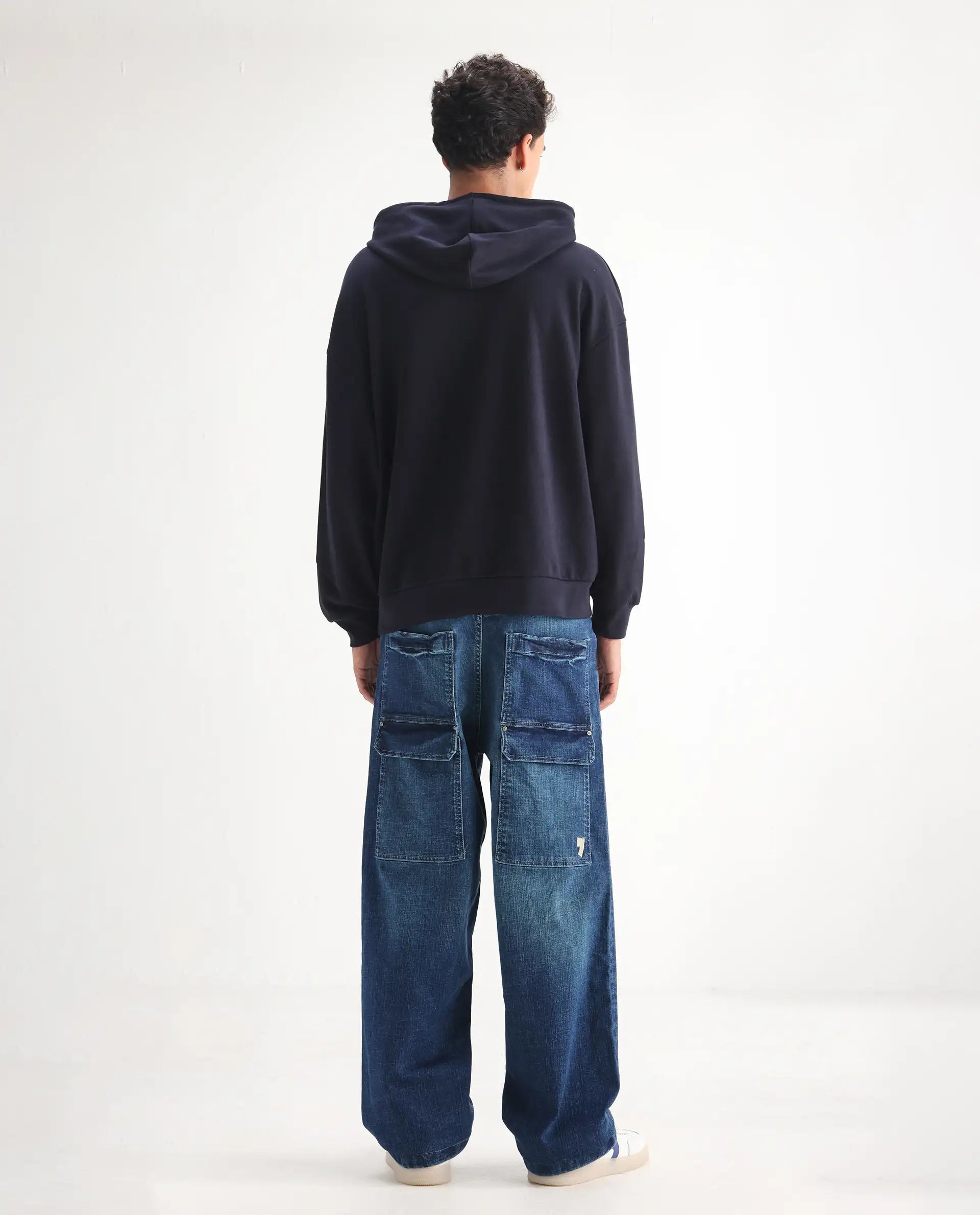 Rare Rabbit Men's Jace Blue Cotton Blend Plain Baggy Fit Jeans