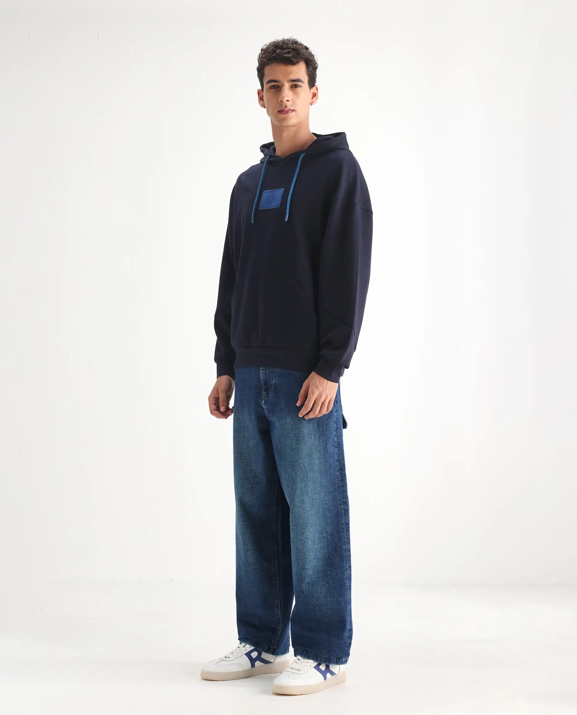 Rare Rabbit Men's Jace Blue Cotton Blend Plain Baggy Fit Jeans