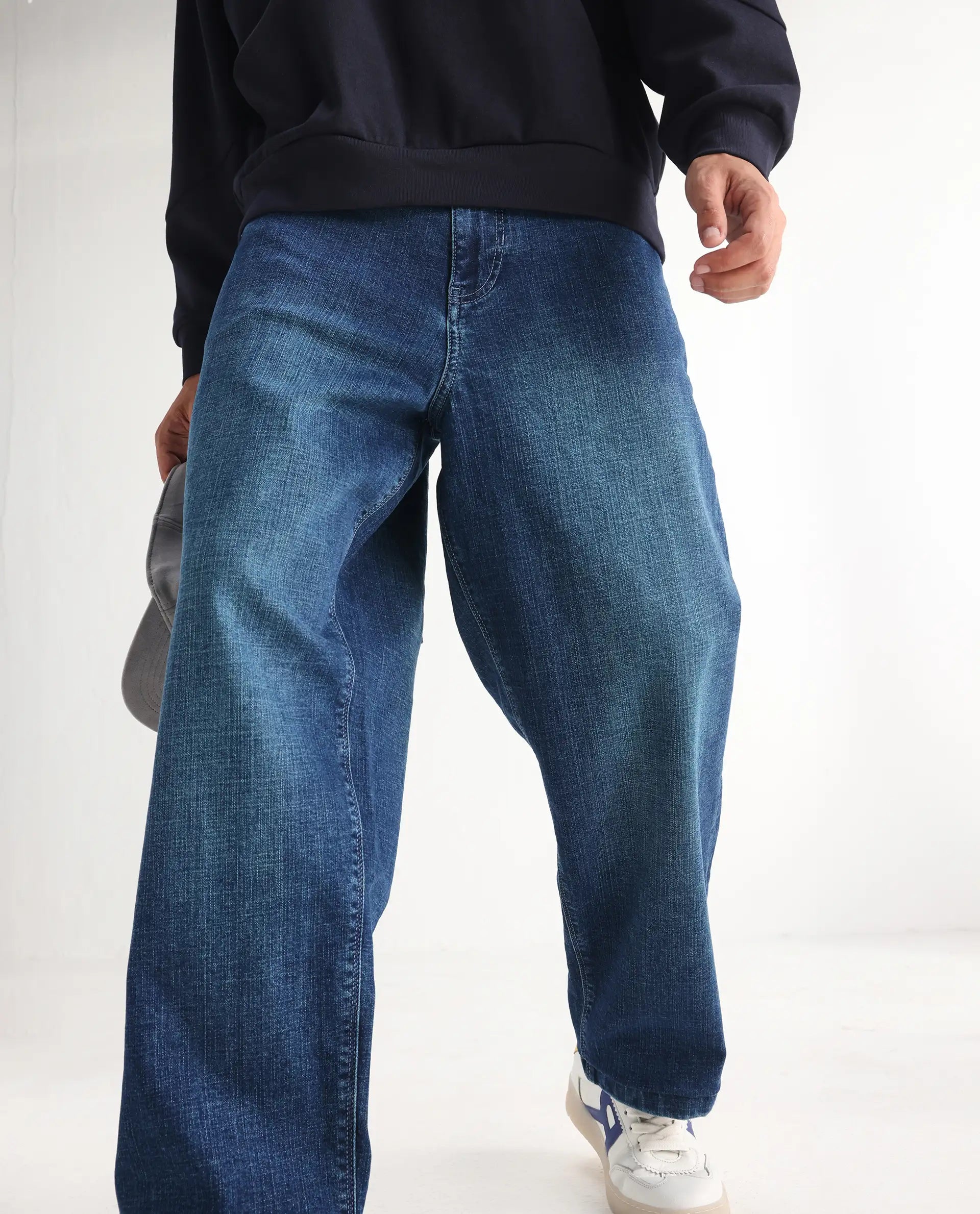 Rare Rabbit Men's Jace Blue Cotton Blend Plain Baggy Fit Jeans