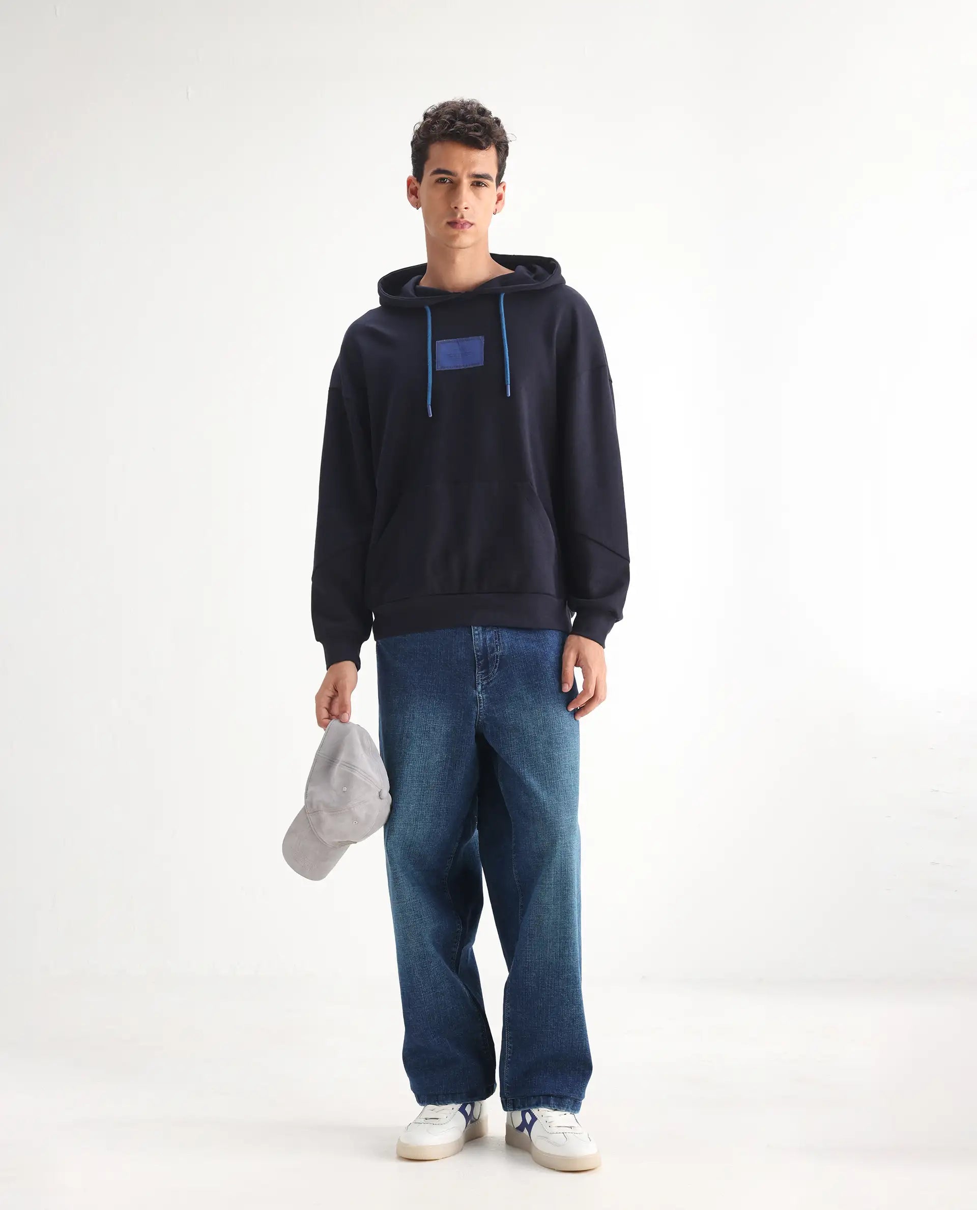 Rare Rabbit Men's Jace Blue Cotton Blend Plain Baggy Fit Jeans