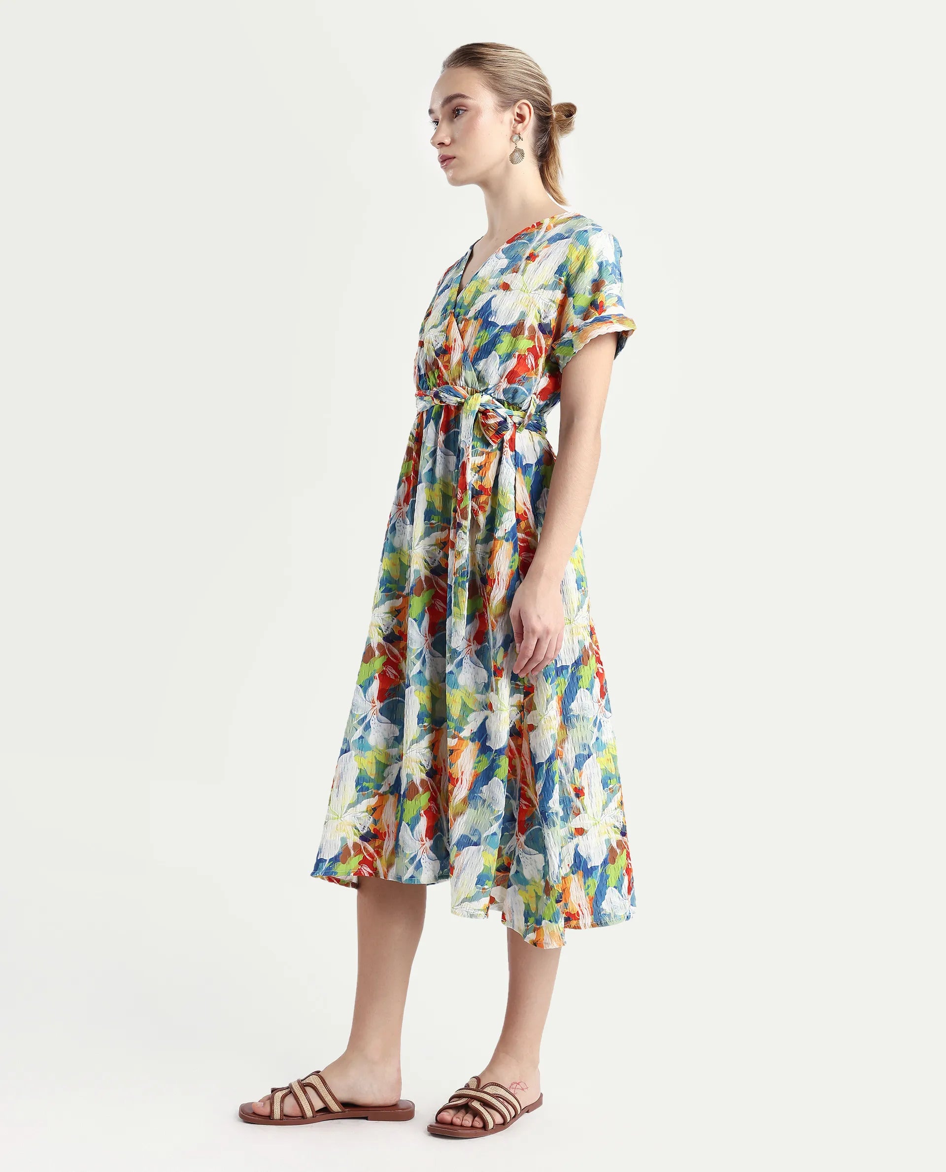 Rareism Women's Jaci Light Multi Polyester Overlap Neck Floral Print Extended Sleeves Midi Fit And Flare Dress