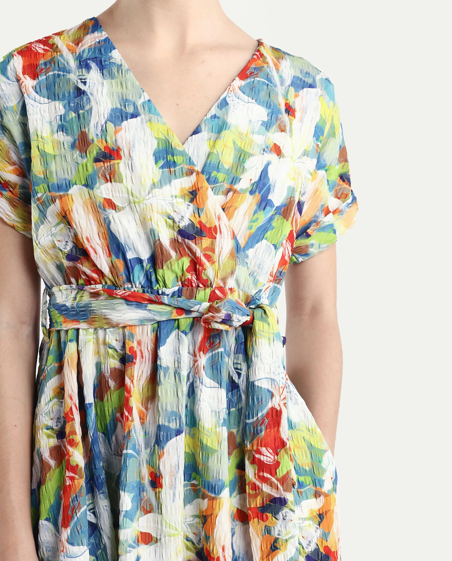 Rareism Women's Jaci Light Multi Polyester Overlap Neck Floral Print Extended Sleeves Midi Fit And Flare Dress