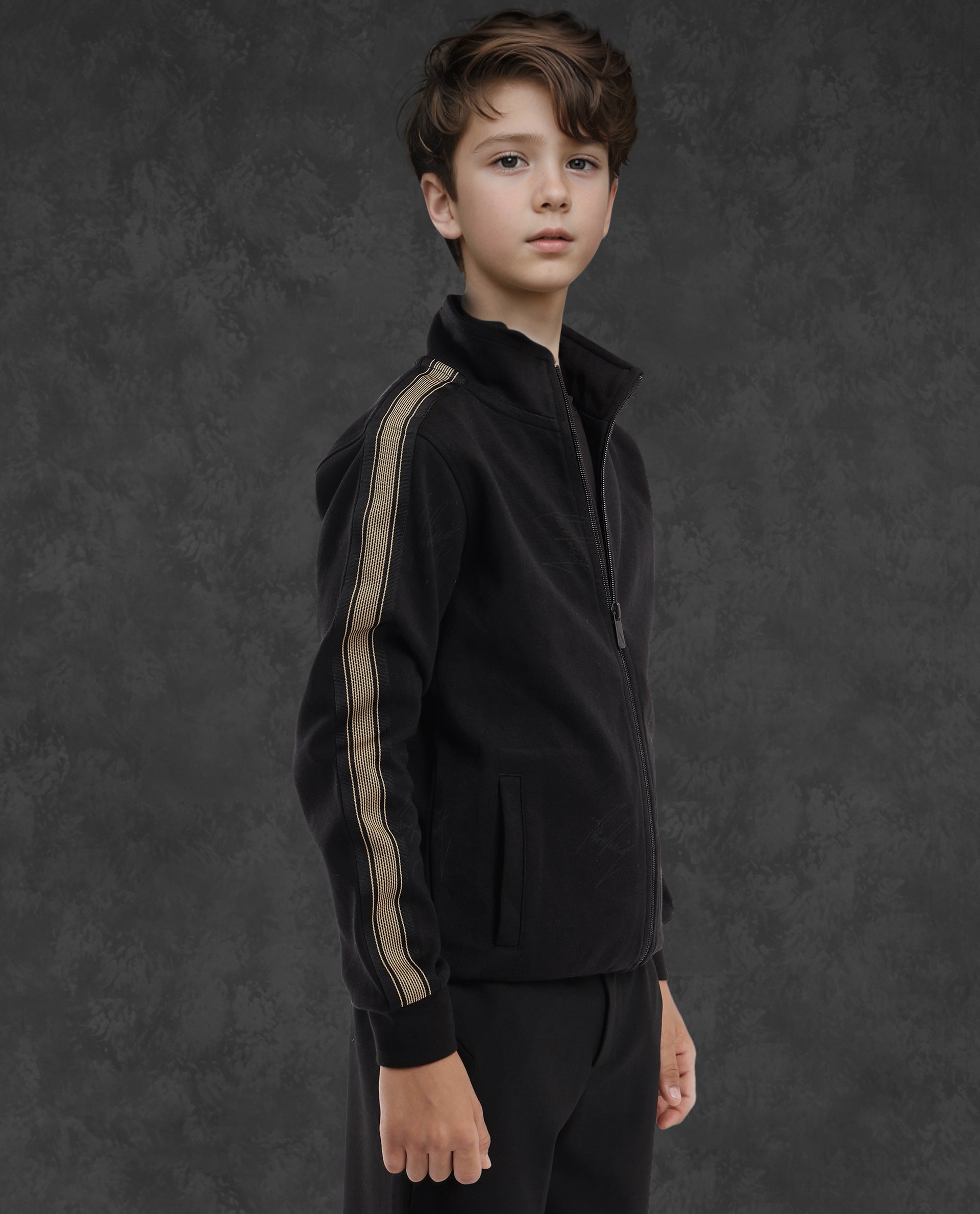 Rare Ones Kids Jacksign Black Cotton Full Sleeves High Neck Striped Sleeve Zipper Closure Solid Jacket