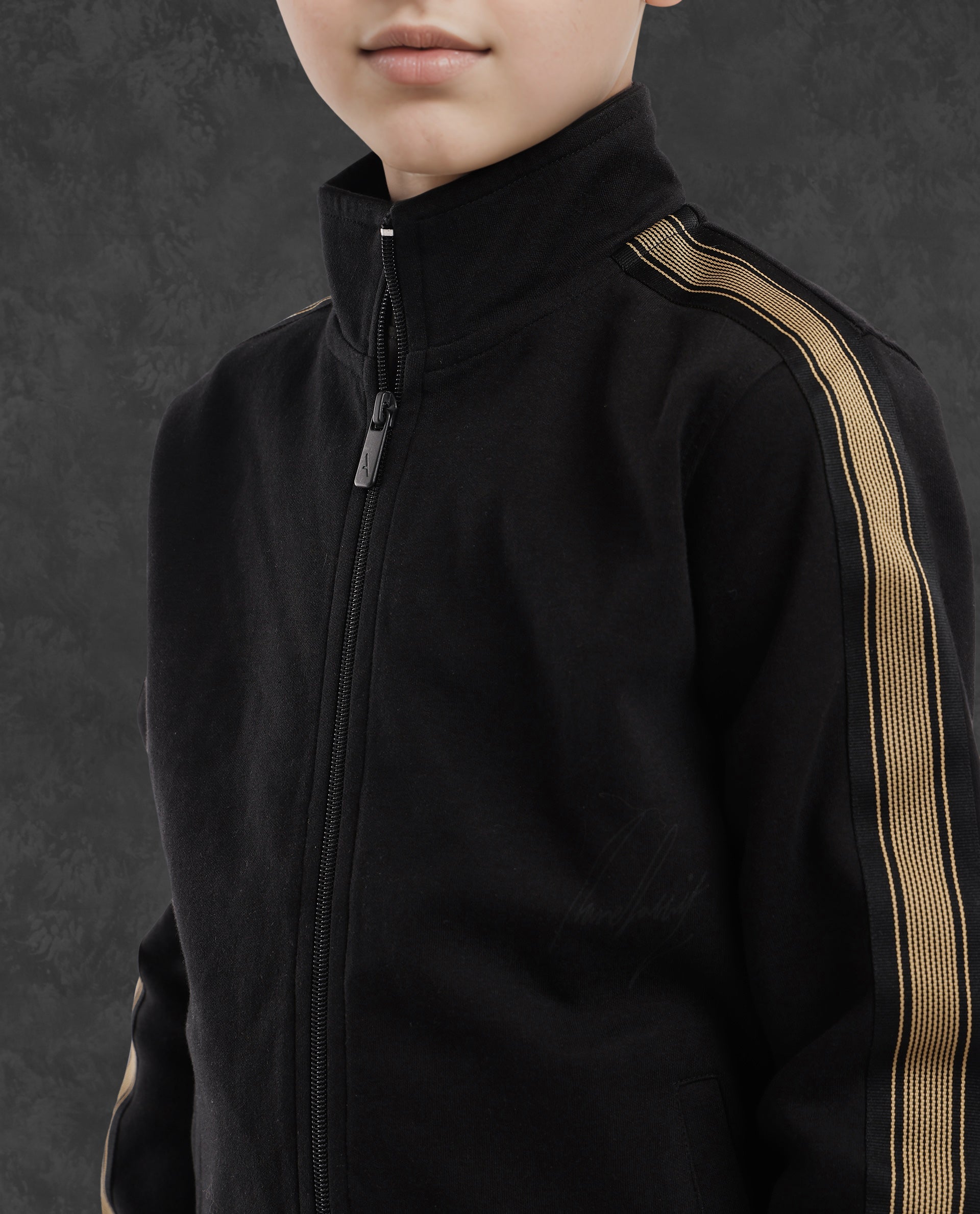 Rare Ones Kids Jacksign Black Cotton Full Sleeves High Neck Striped Sleeve Zipper Closure Solid Jacket