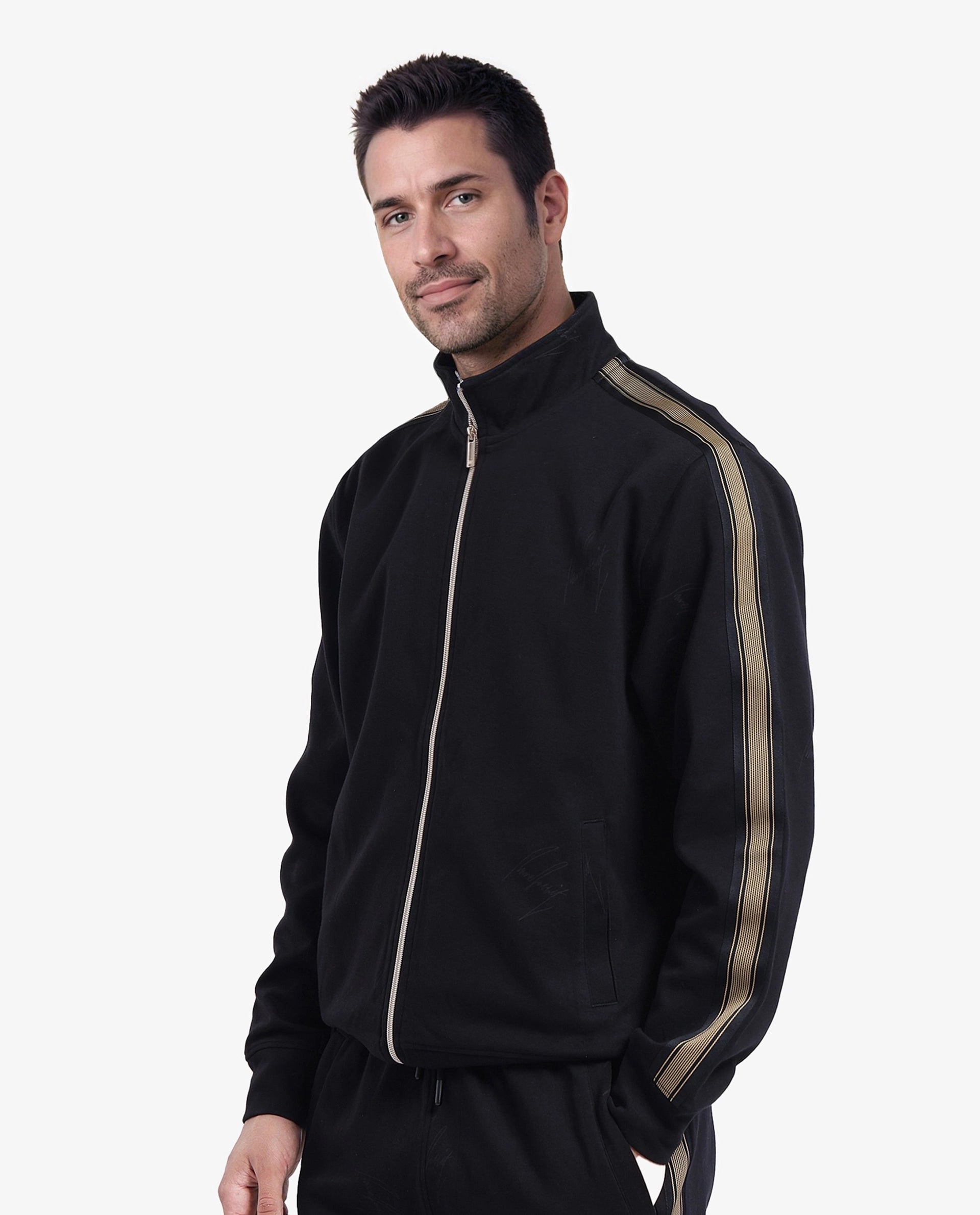 Rare Rabbit Men Jacksign Black Cotton Blend Fabric Full Sleeve High Neck Zipper Closure Signature Printed Jacket