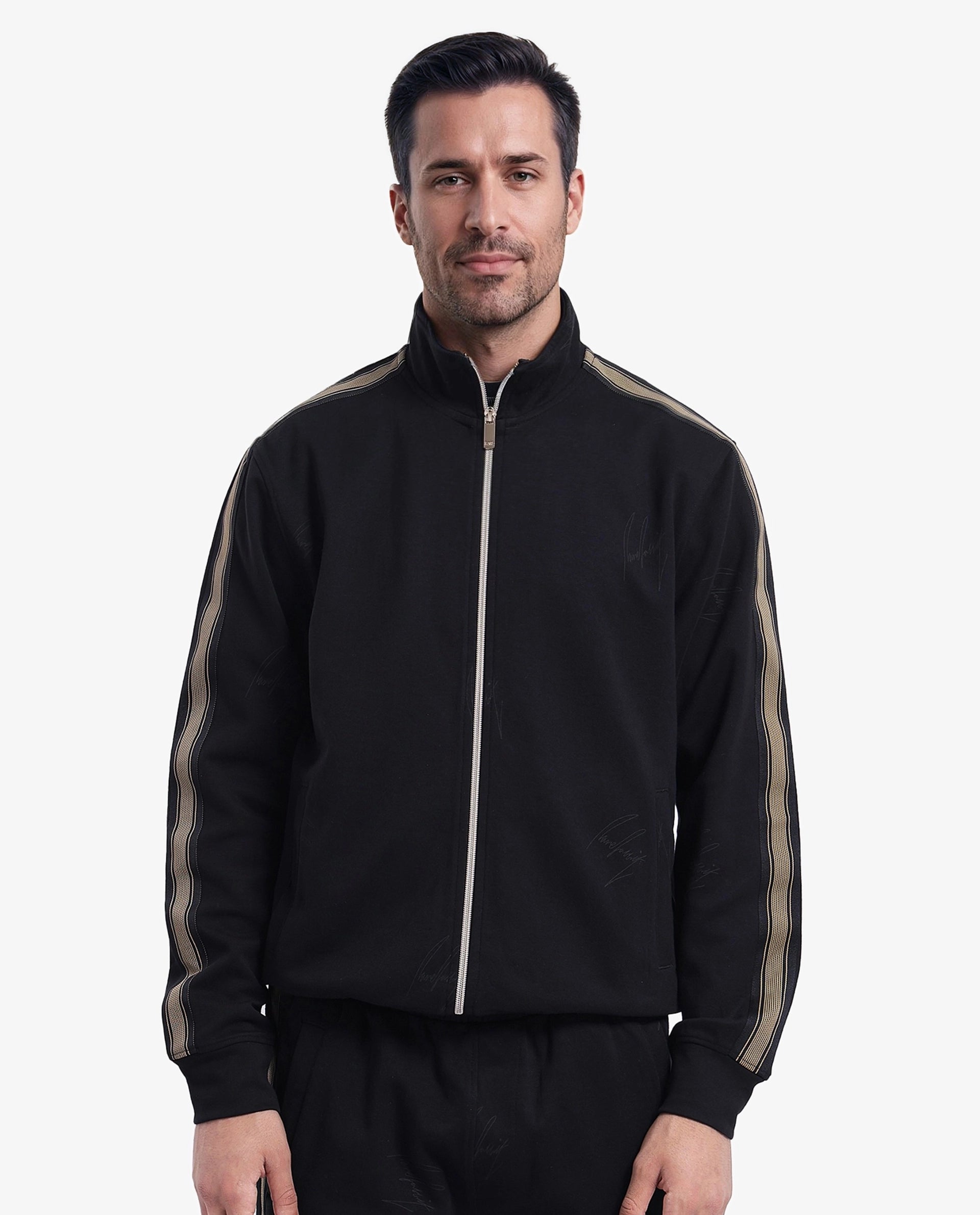 Rare Rabbit Men Jacksign Black Cotton Blend Fabric Full Sleeve High Neck Zipper Closure Signature Printed Jacket