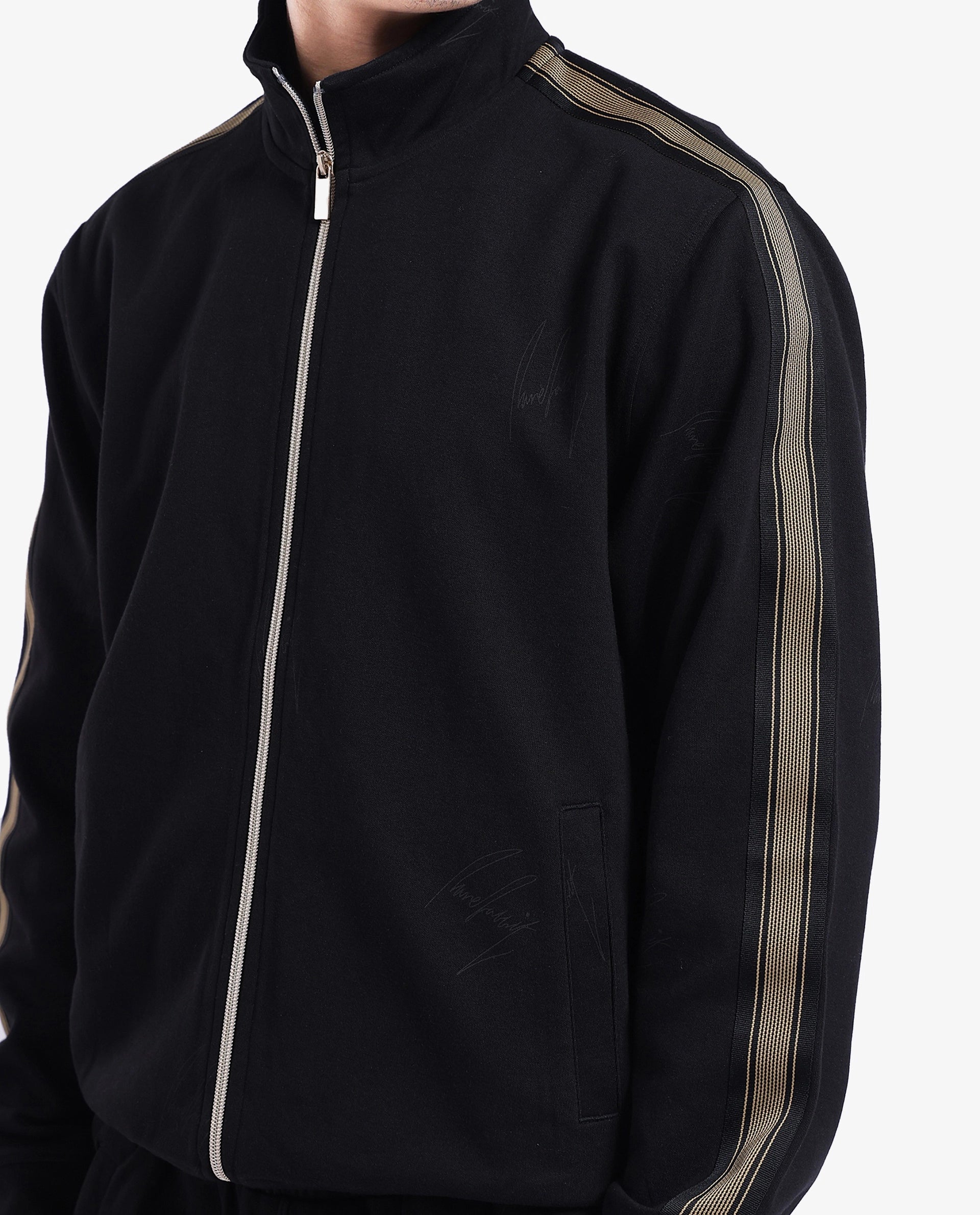 Rare Rabbit Men Jacksign Black Cotton Blend Fabric Full Sleeve High Neck Zipper Closure Signature Printed Jacket