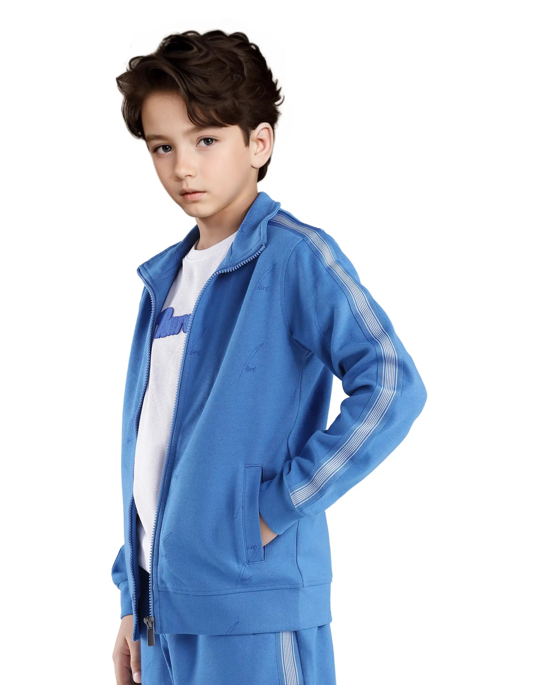 Rare Ones Kids Jacksign Blue Cotton Full Sleeves High Neck Striped Sleeve Zipper Closure Jelly Print Jacket