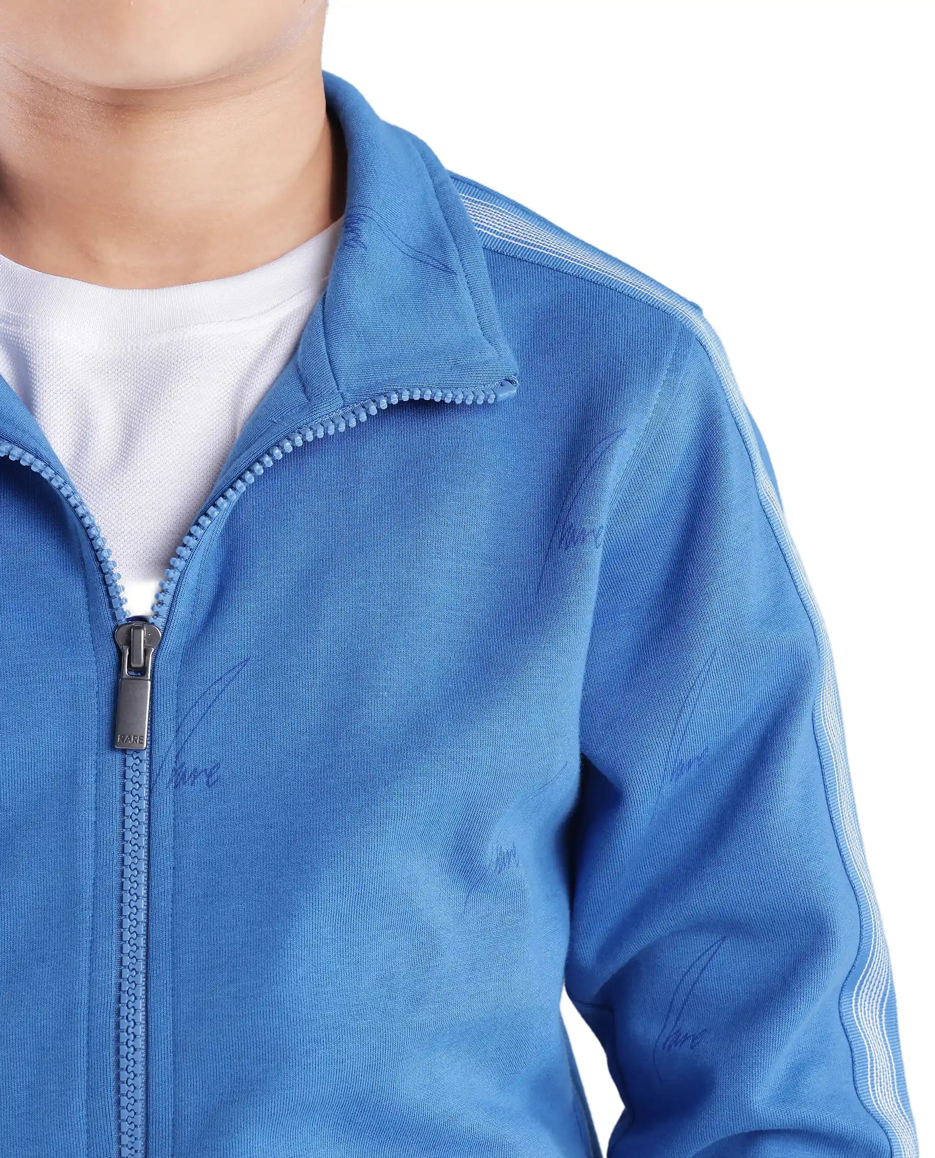 Rare Ones Kids Jacksign Blue Cotton Full Sleeves High Neck Striped Sleeve Zipper Closure Jelly Print Jacket