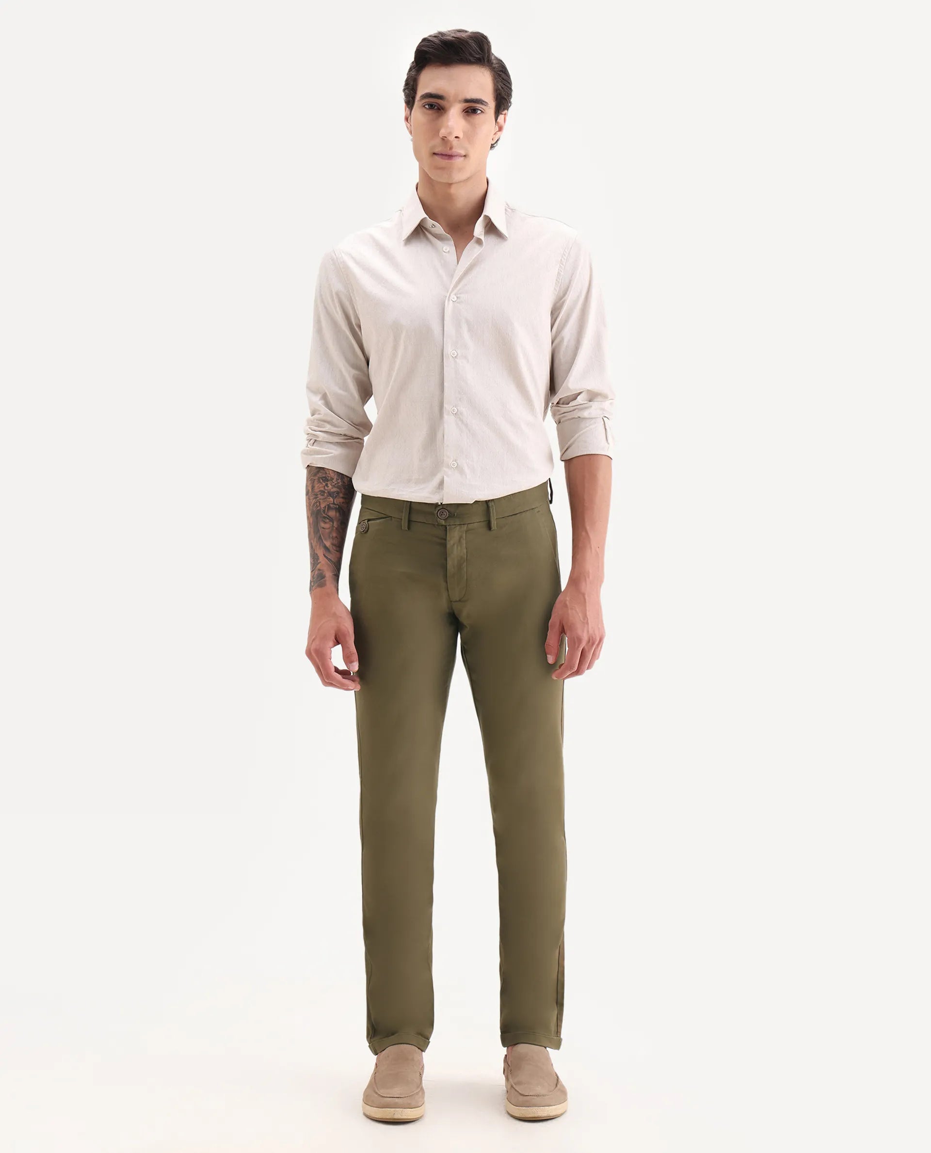 Rare Rabbit Men's Jacob Olive Cotton Plain Regular Fit Trouser