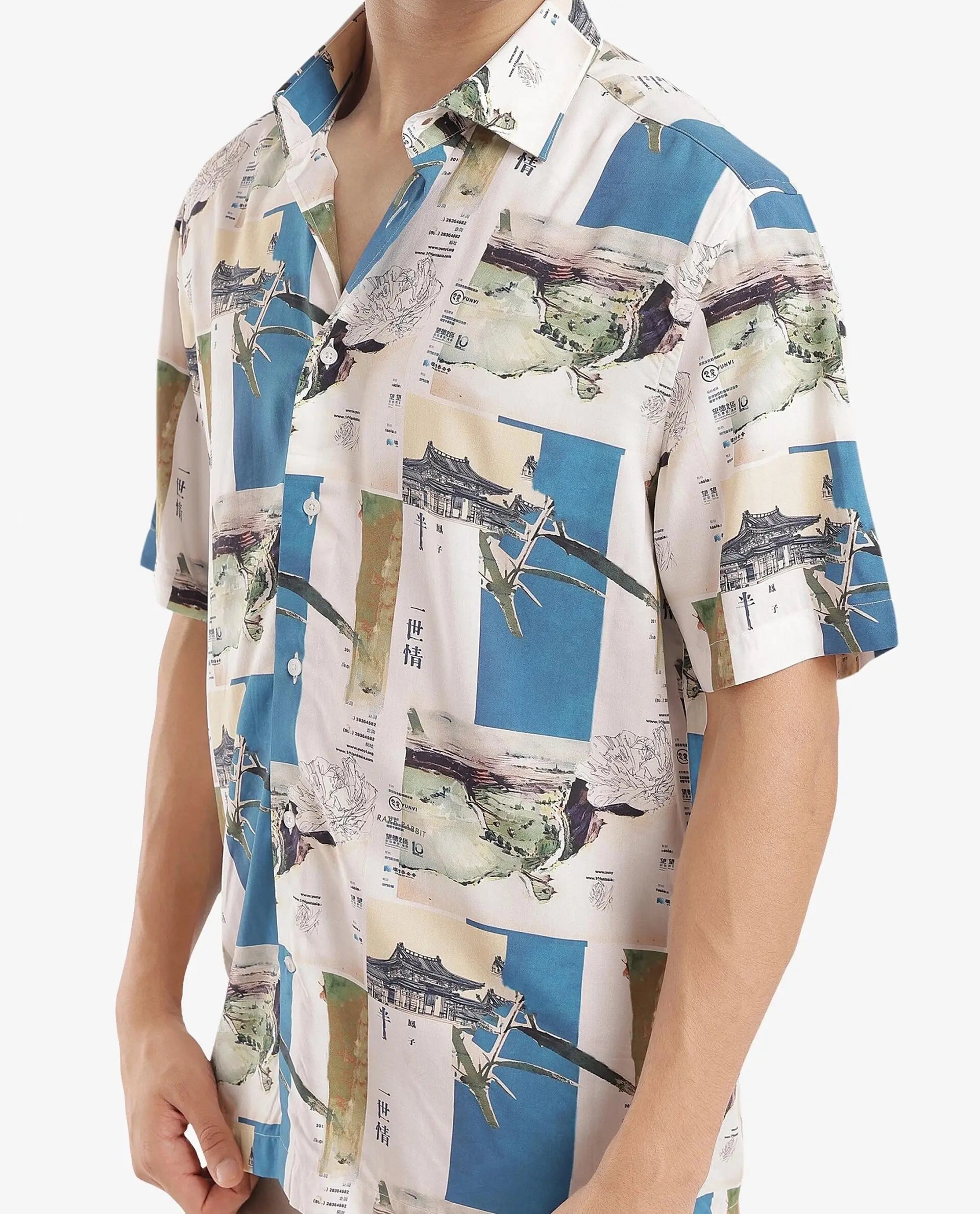 Rare Rabbit Mens Jacso Blue Viscose Fabric Short Sleeve Regular Fit Abtsract Print Shirt