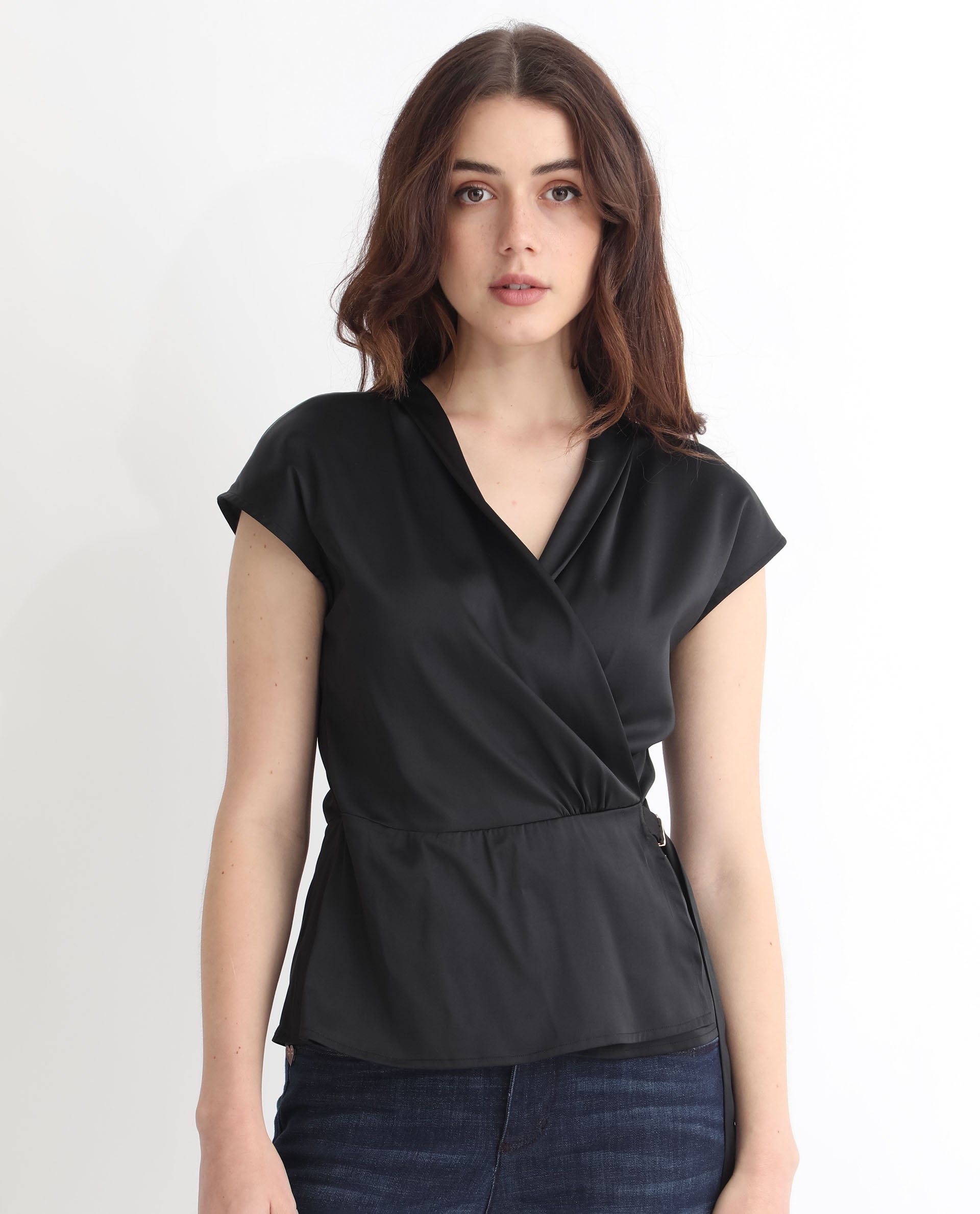 Rareism Women Jadak Black Polyester Fabric Regular Fit Collarless Sleeveless Solid Top