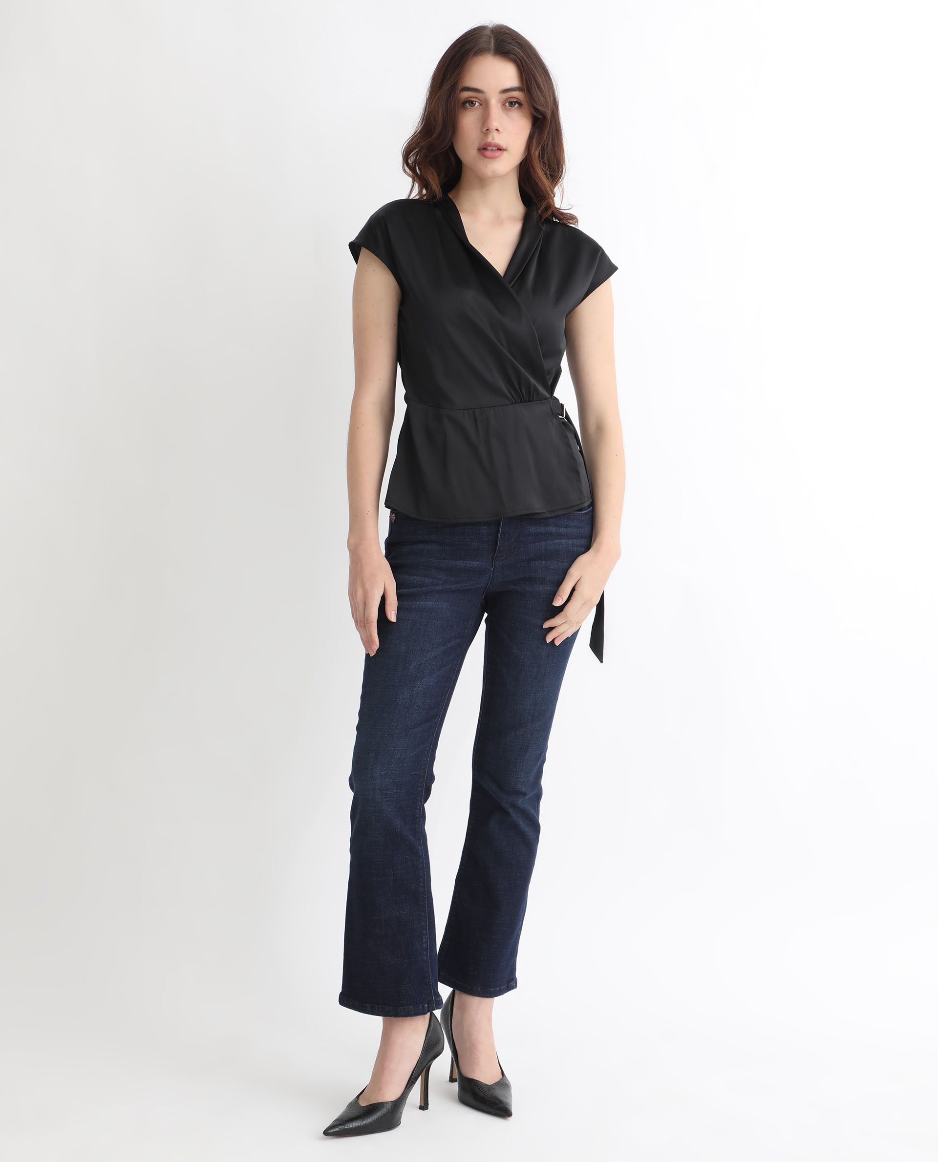 Rareism Women Jadak Black Polyester Fabric Regular Fit Collarless Sleeveless Solid Top