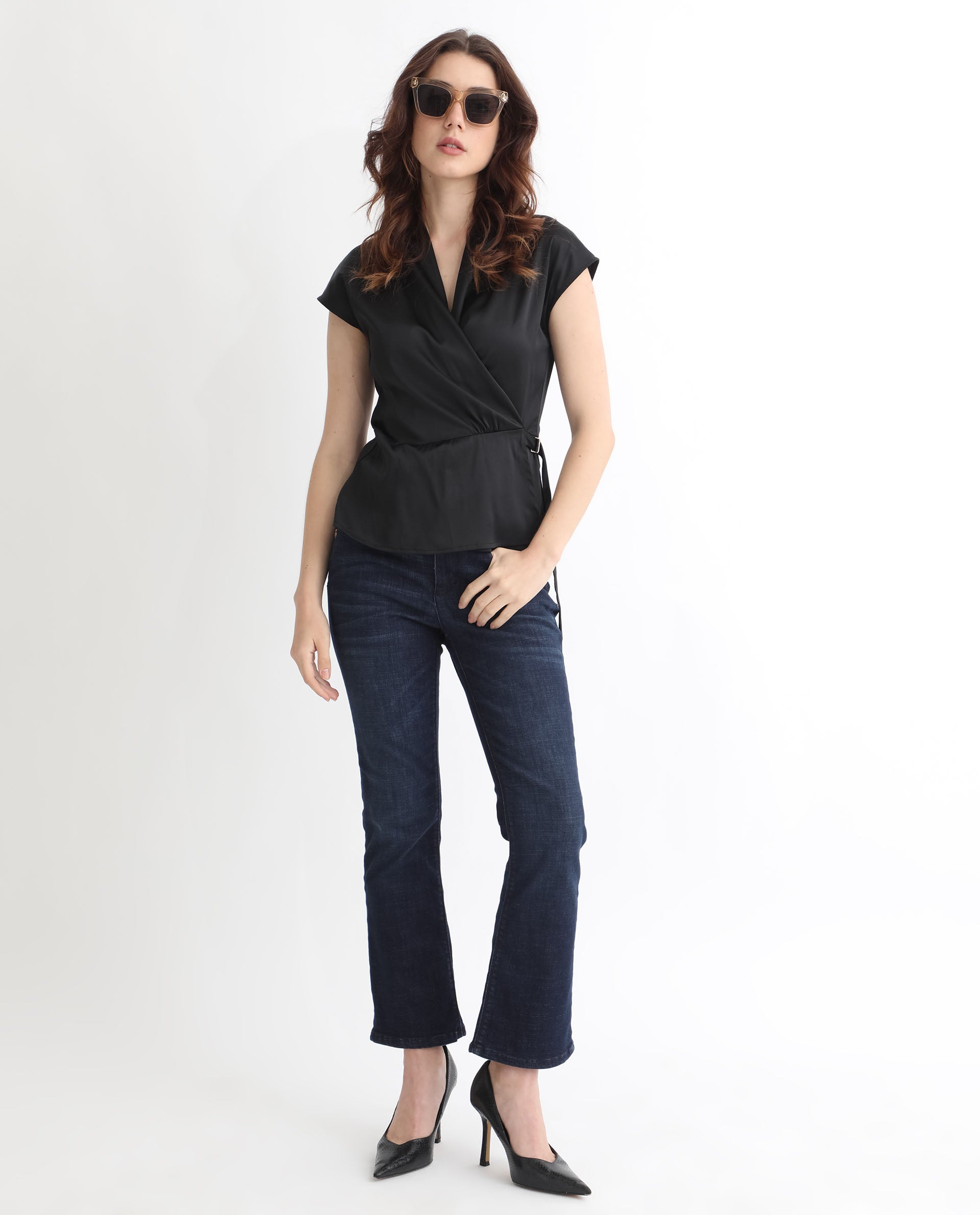 Rareism Women Jadak Black Polyester Fabric Regular Fit Collarless Sleeveless Solid Top