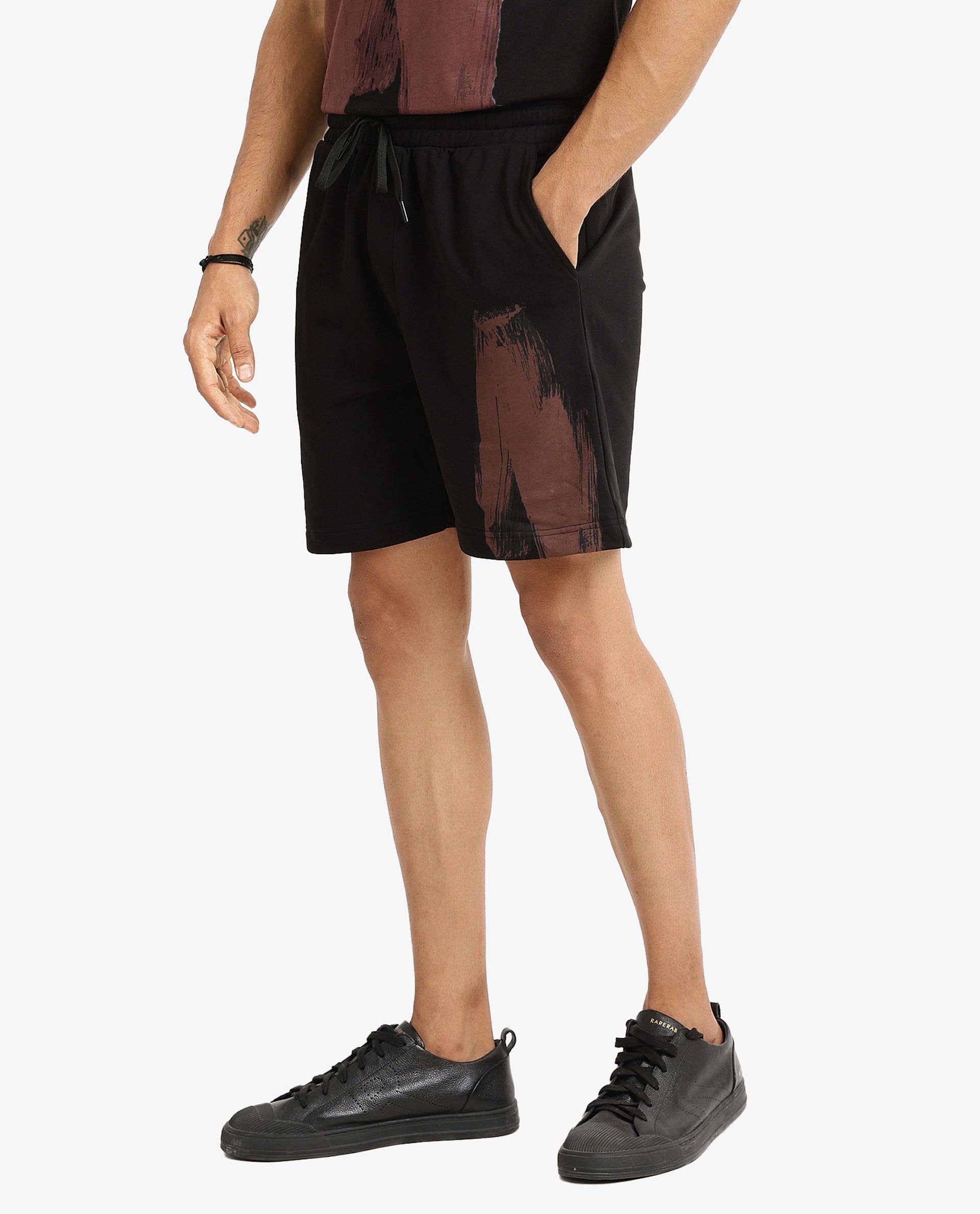 Rare Rabbit Men Jade-B Black Terry Cotton Polyester Fabric Drawstring Closure Oversized Fit Abstract Graphic Print Shorts