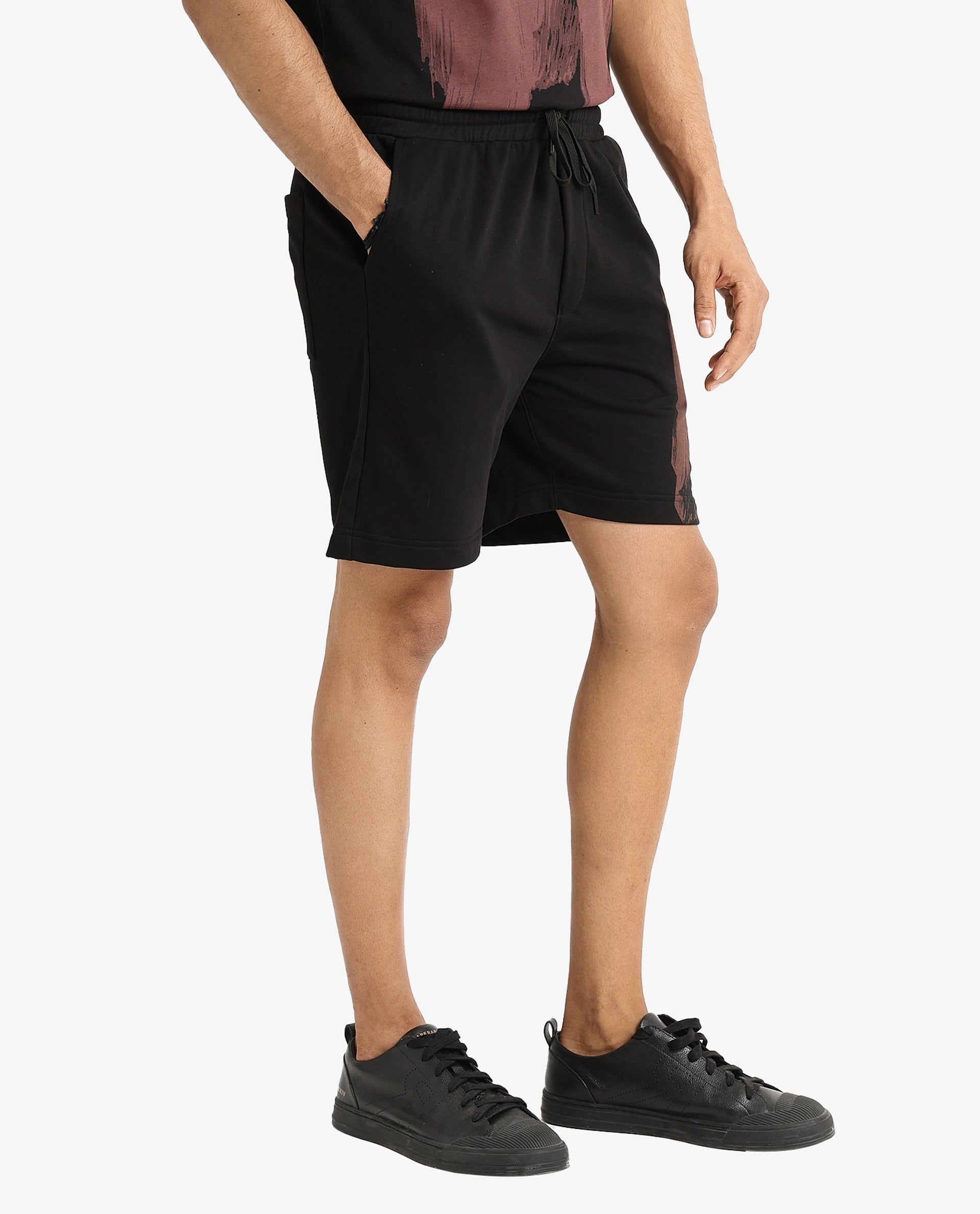 Rare Rabbit Men Jade-B Black Terry Cotton Polyester Fabric Drawstring Closure Oversized Fit Abstract Graphic Print Shorts